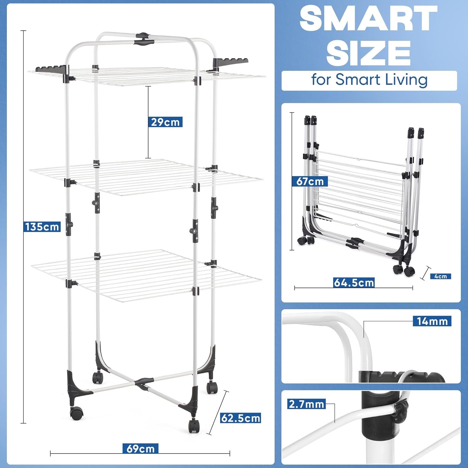 3 Tier Clothes Drying Rack Foldable Laundry Airer with Wheels Indoor Outdoor