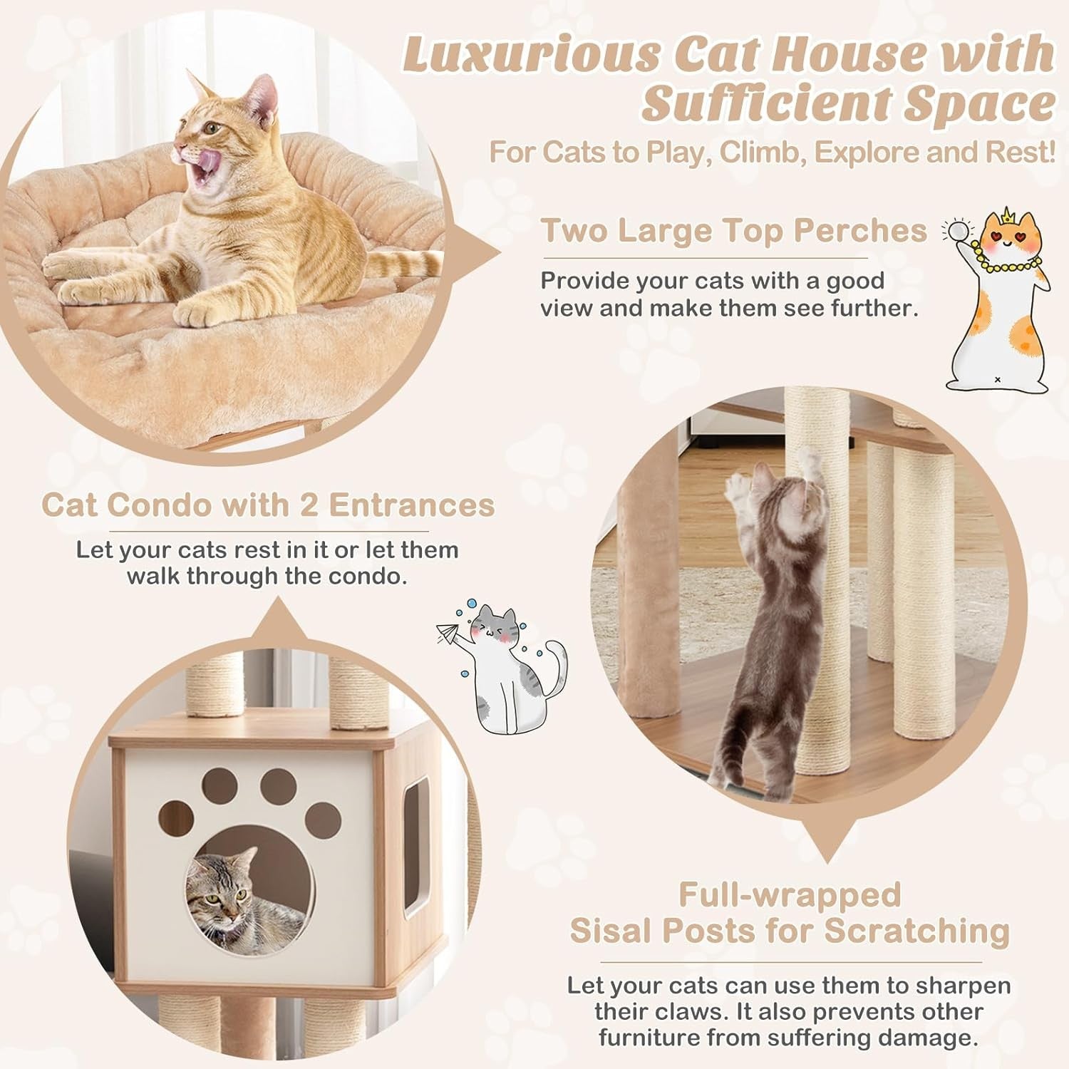 157cm Wooden Cat Tree Beige Tall Tower with Condo Perch Ladder & Sisal Posts