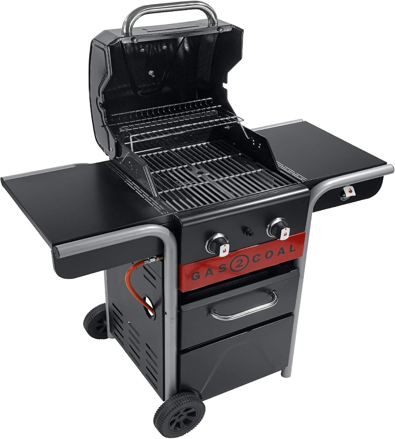 Hybrid Gas & Charcoal BBQ Grill 2 Burner Outdoor Barbecue with Side Shelves