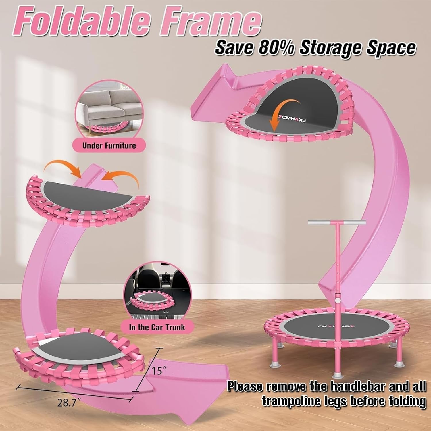 40in Folding Fitness Trampoline Rebounder Adjustable Handle 440lb