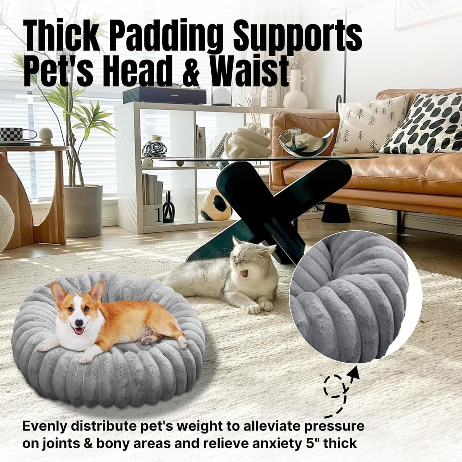 60cm Calming Donut Dog Bed Washable Plush Anti Slip Grey