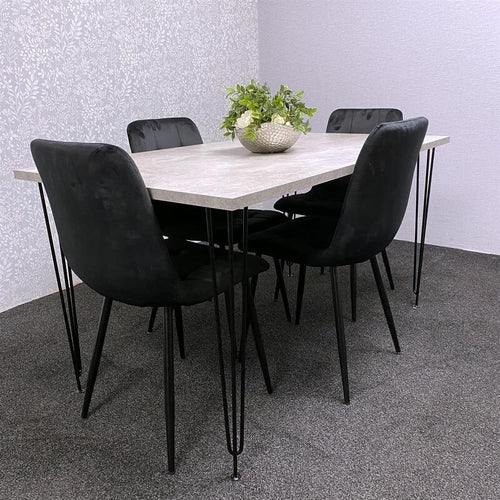 Grey Dining Table Set with 4 Black Velvet Chairs – Hairpin Legs 4 Seater