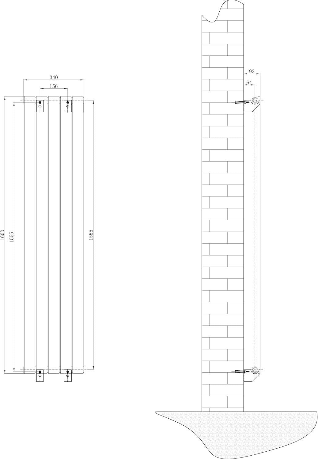 Slim Vertical Flat Panel Radiator 1600x340mm High Heat Output White