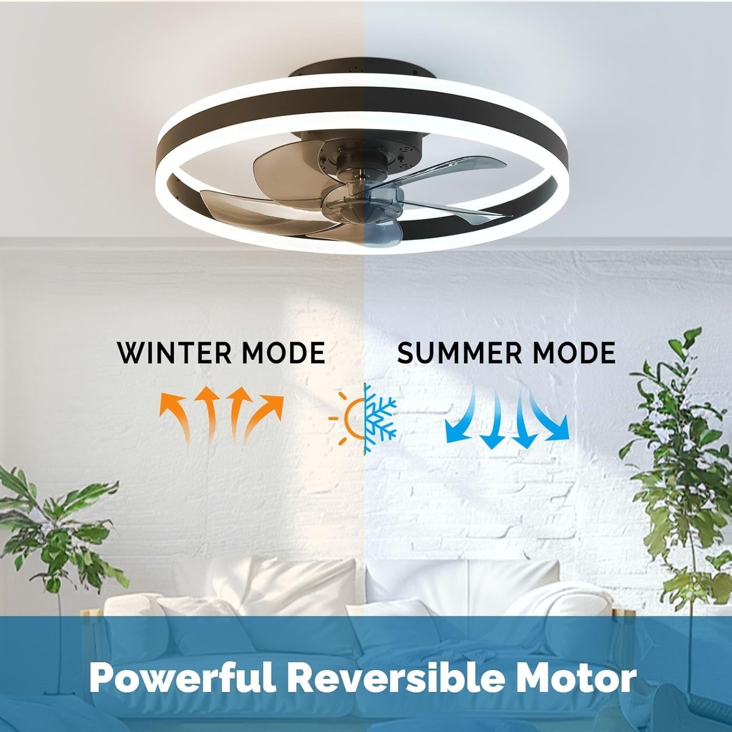 20" Ceiling Fan Light, 6 Speeds, Reversible, Smart Dimmable LED, App, Remote