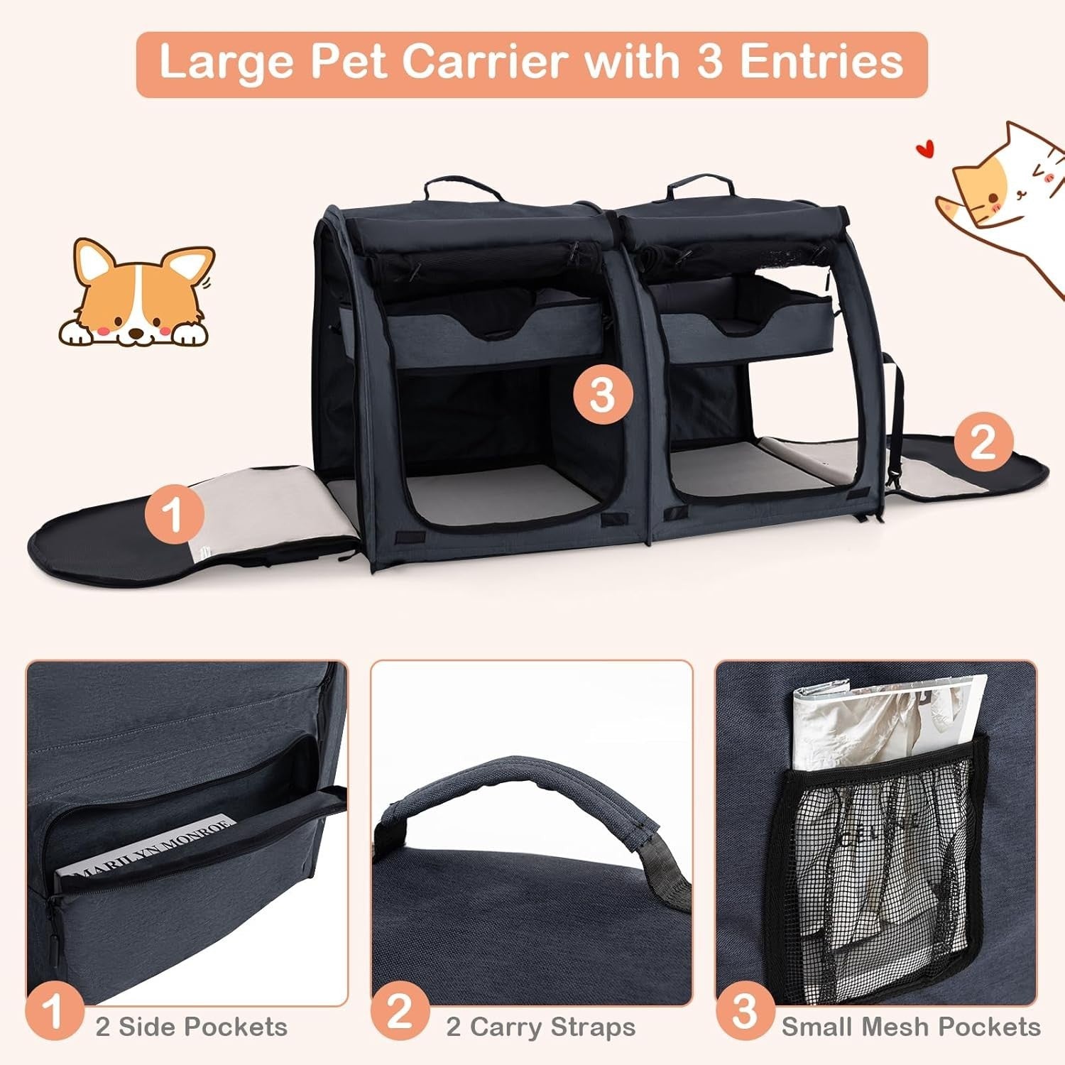Foldable Pet Carrier 2-in-1 Cat Dog Travel Crate with Hammocks & Litter Box