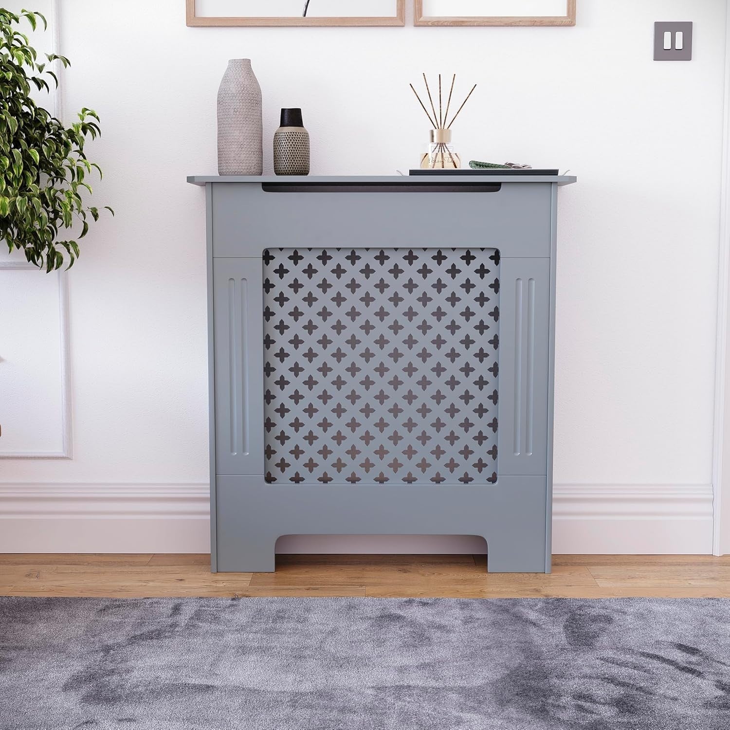 Small Grey Radiator Cover 82x78x19cm Modern Cross Pattern MDF Cabinet