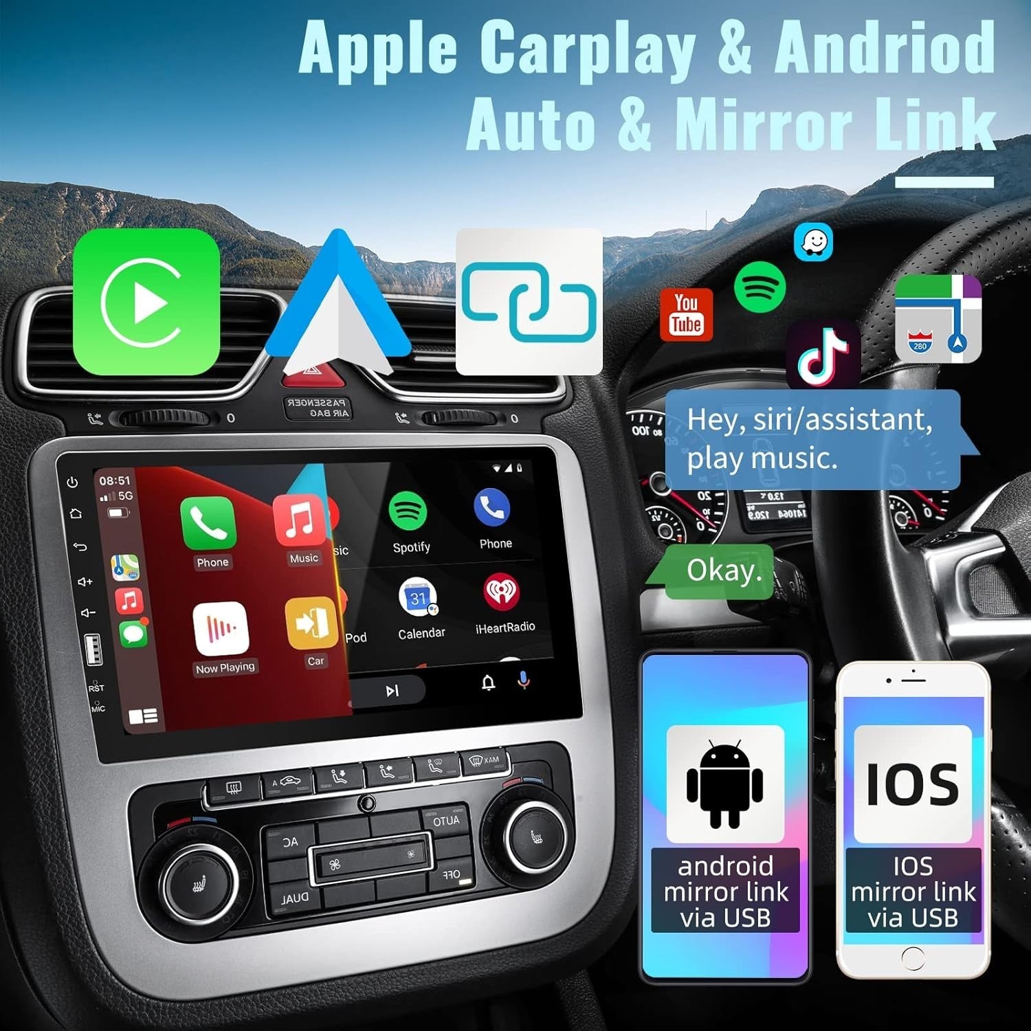 9" Single Din Car Stereo Wired CarPlay Android Auto Bluetooth FM AM