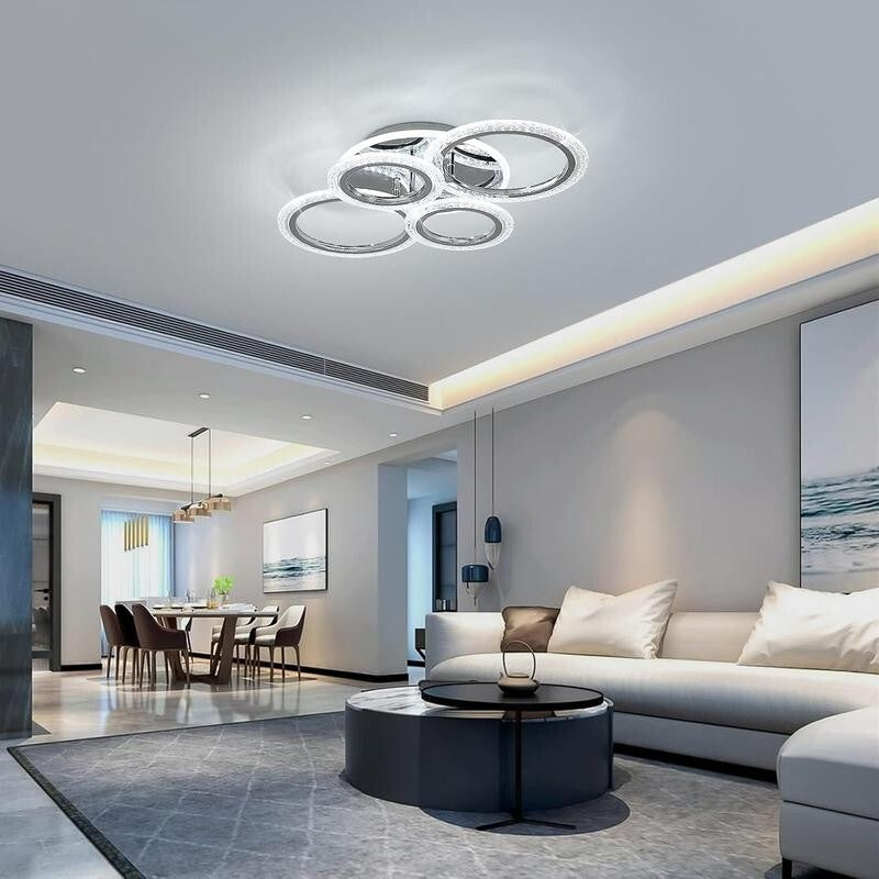 Modern 4-Ring LED Ceiling Light 58W Dimmable Remote Chrome Flush Mount