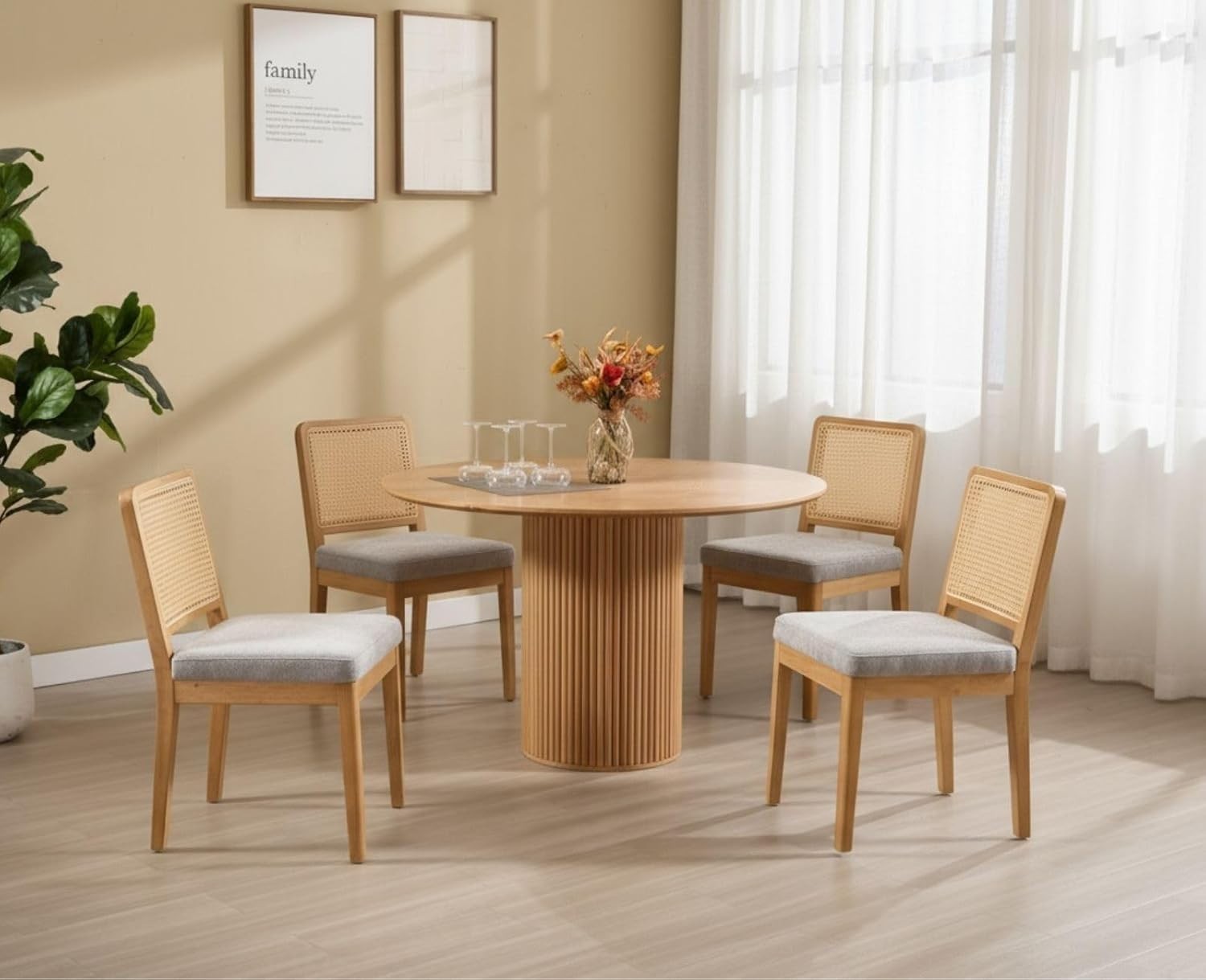 Grey Upholstered Dining Chairs Set of 2 Rattan Back Solid Wood Kitchen Seats