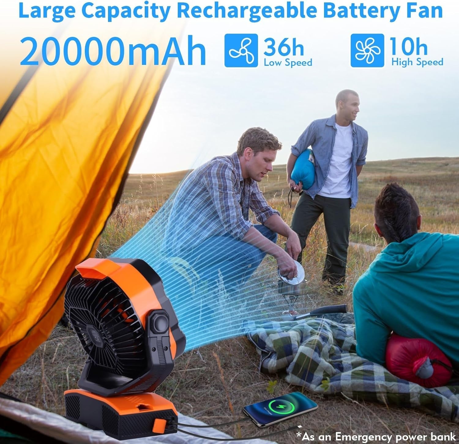 Camping Fan 20000mAh Rechargeable – Portable LED Light Desk Fan w/ Remote Orange