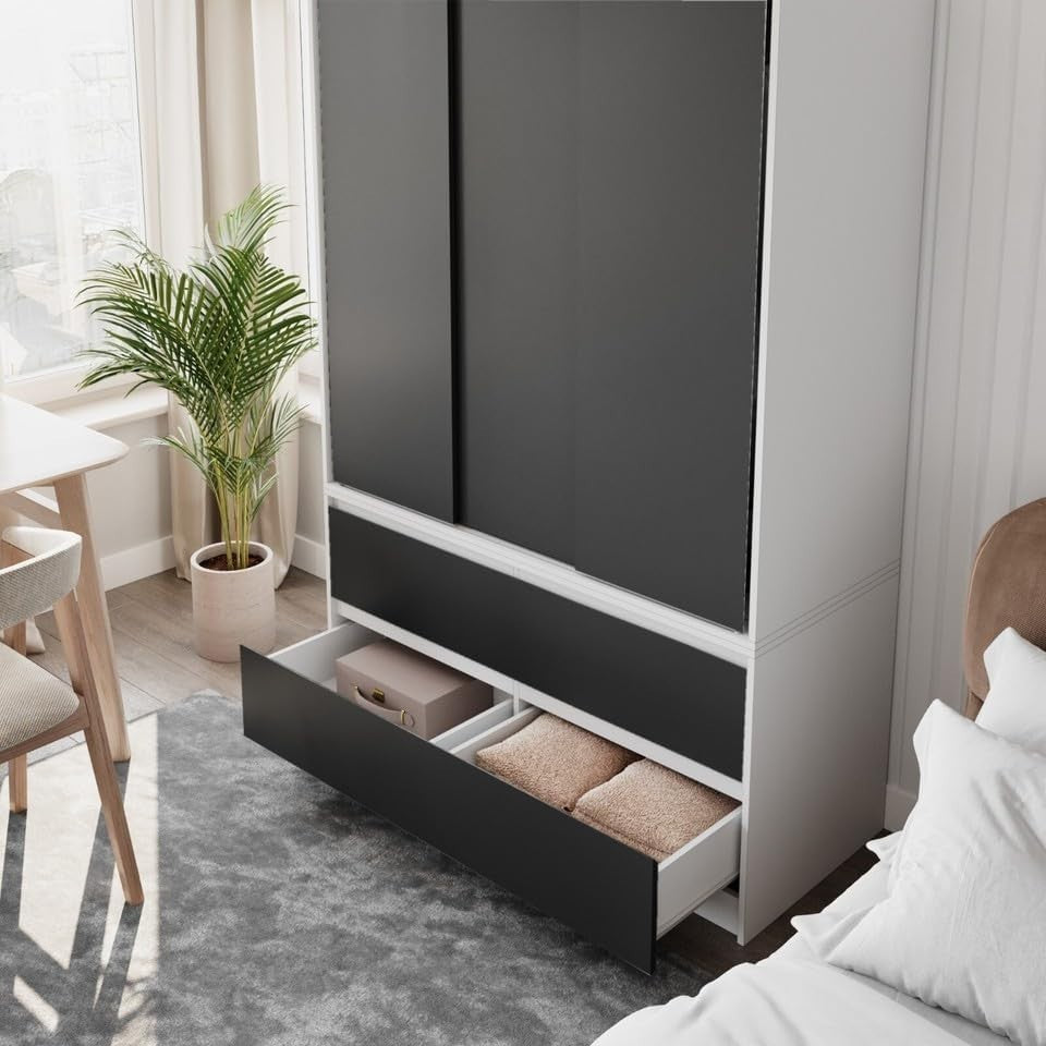 Black Sliding Door Wardrobe with 4 Drawers Hanging Rail Storage Unit