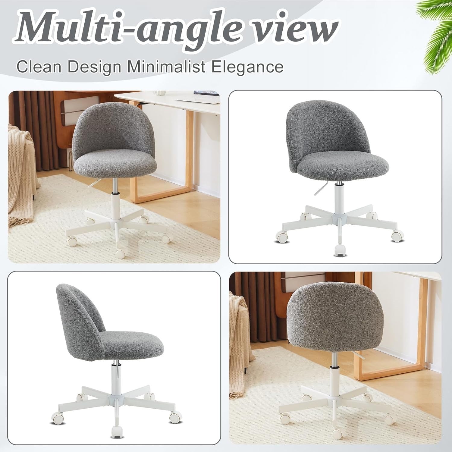 Grey Swivel Desk Chair Small Teddy Fleece Adjustable Height Modern Vanity Seat