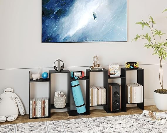6-Tier S-Shaped Bookshelf Black | Tall Modern Display Shelf Unit for Home Office