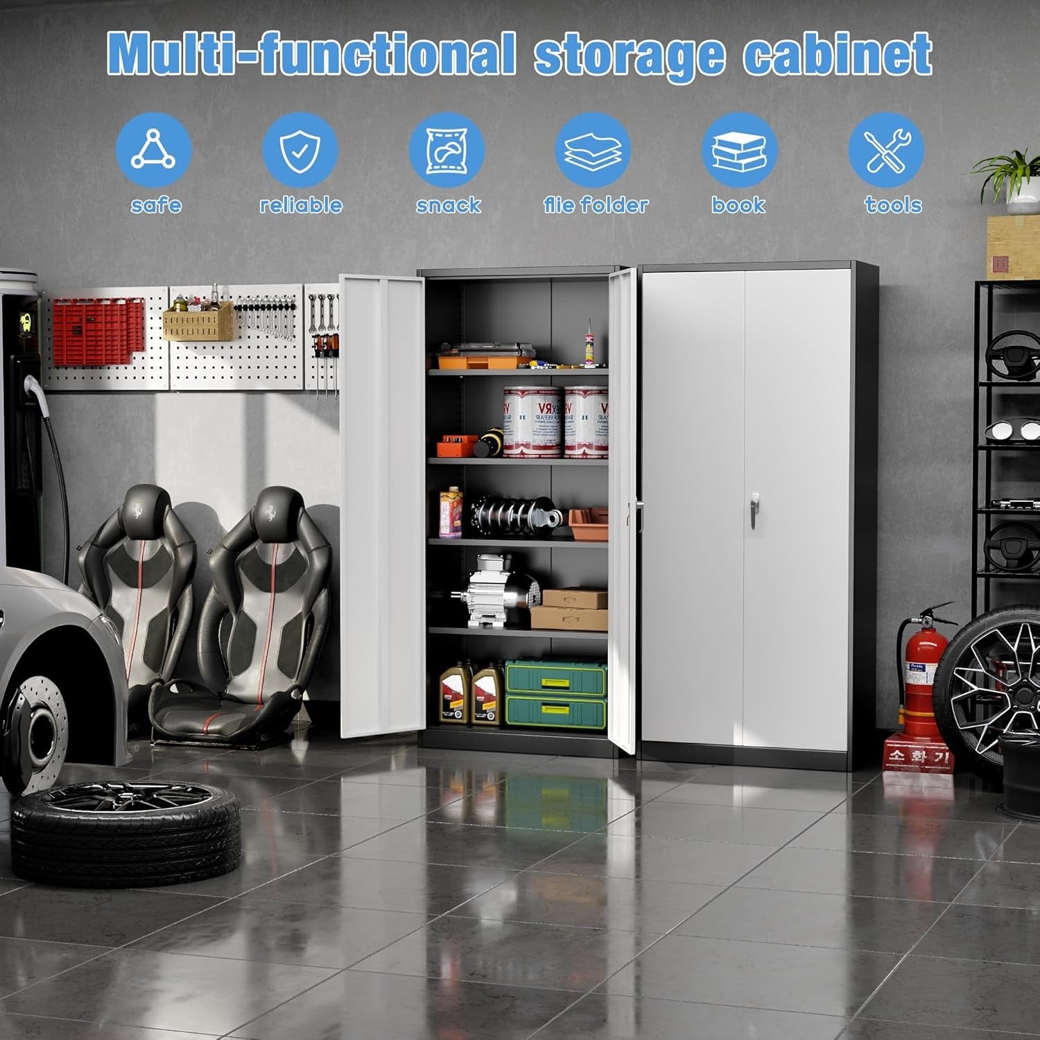 Tall Metal Storage Cabinet 180cm Lockable Cupboard with 4 Adjustable Shelves