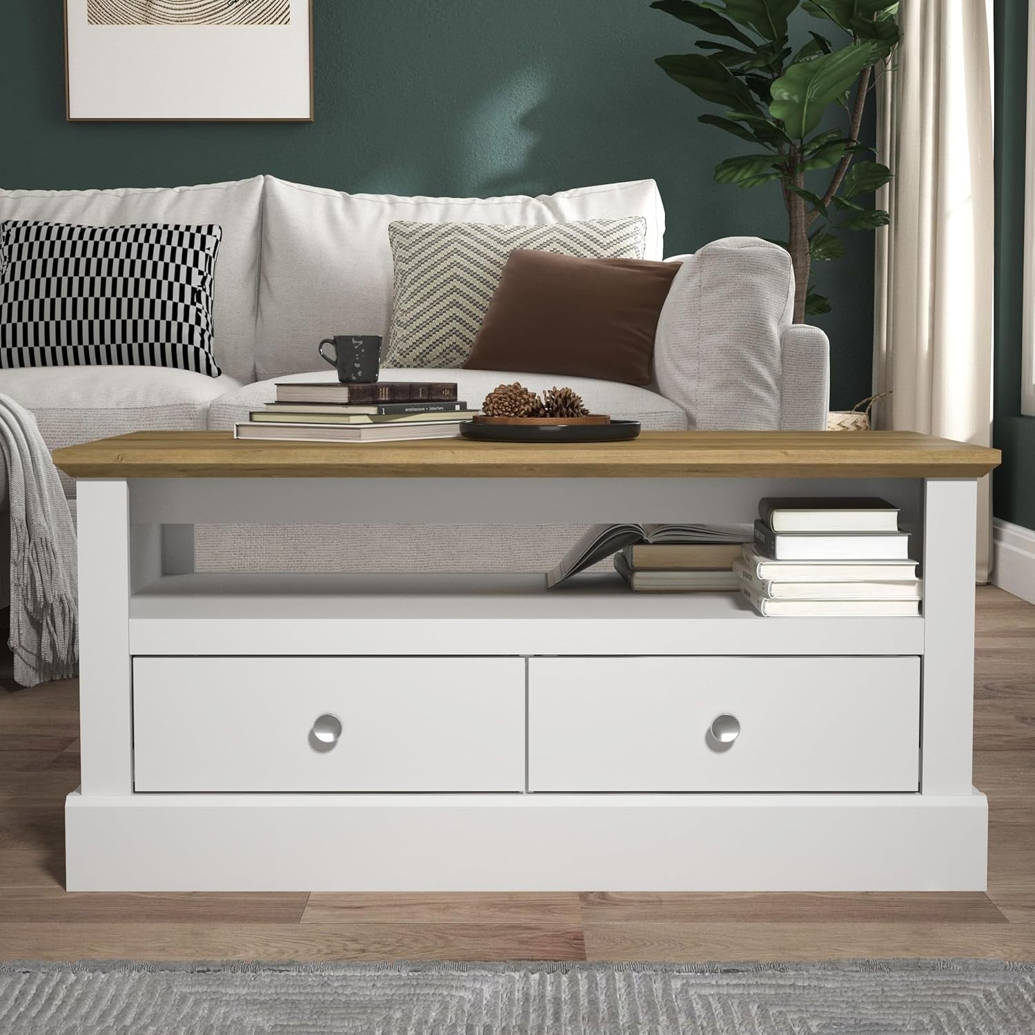 Lift Top Coffee Table with Storage Drawers – White Oak Modern Living Room