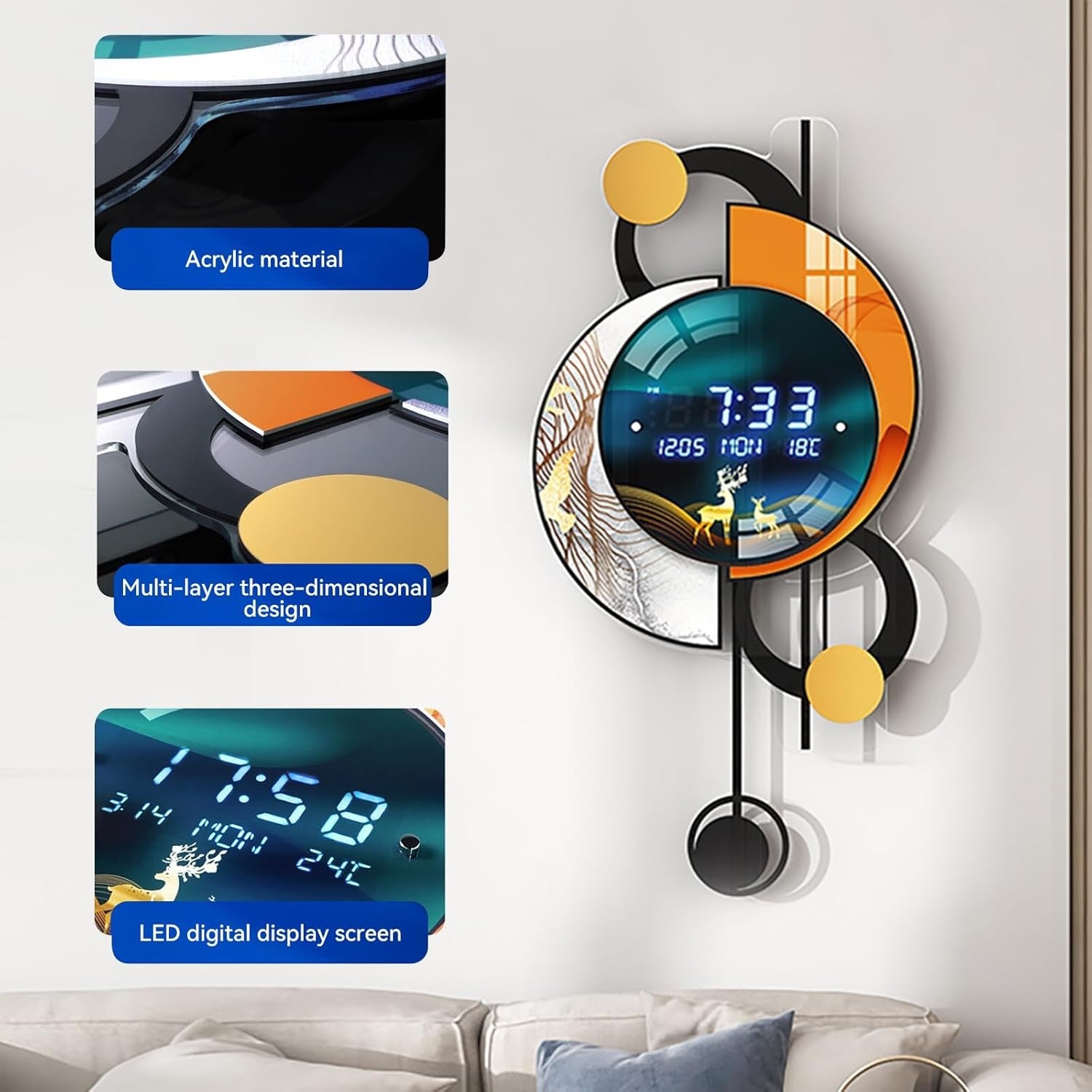 Modern LED Digital Wall Clock Silent Time Temp Display 34x67cm USB Battery