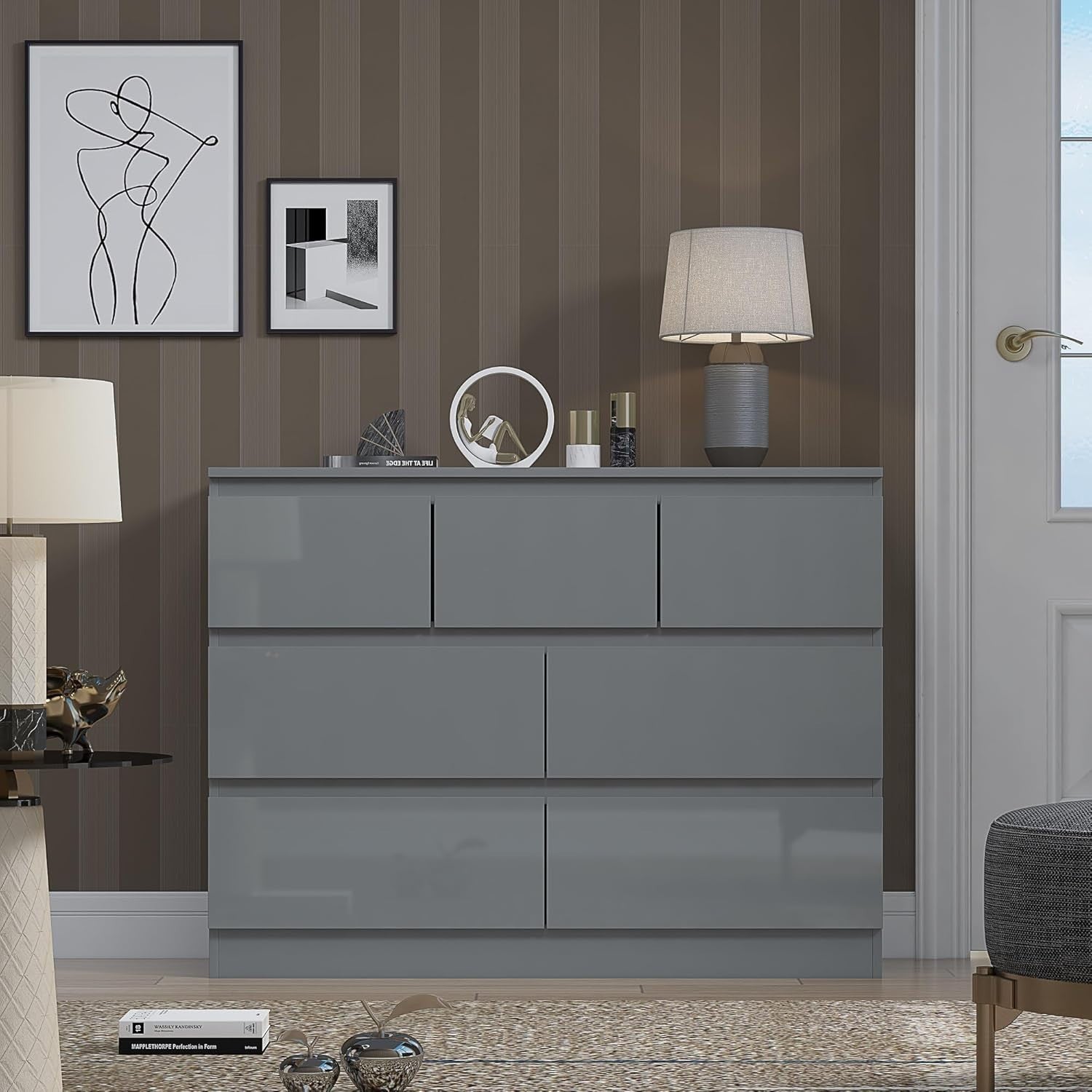 Modern 7 Drawer Chest Grey Gloss Storage Cabinet Bedroom Office Unit
