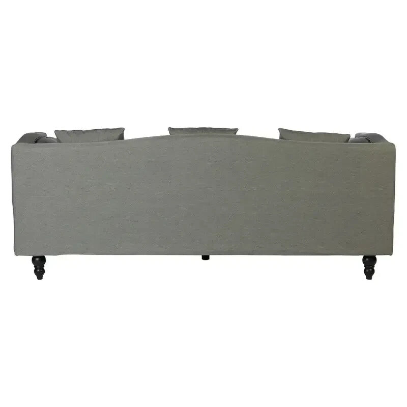 Grey Fabric 3 Seater Sofa w/ Silver Studs, Tuxedo Arms & Wood Feet