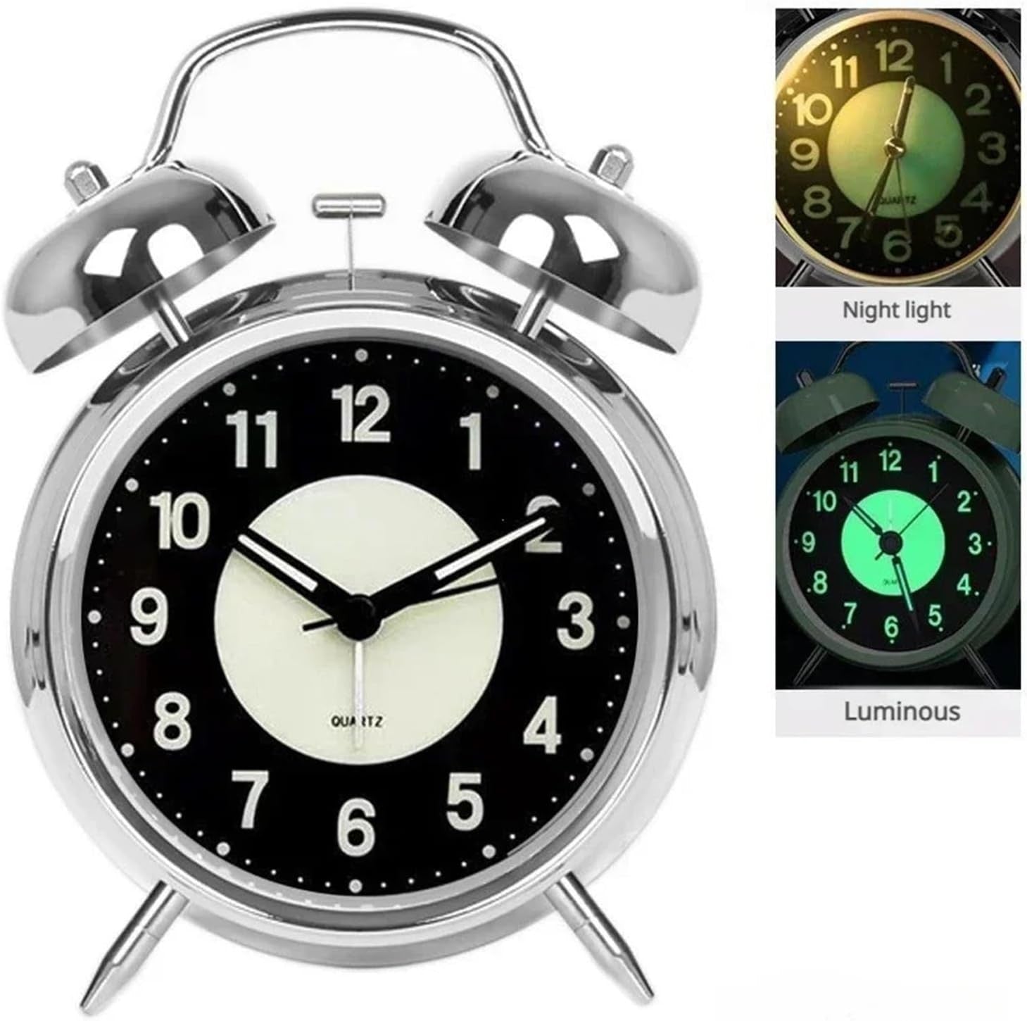 Super Loud Twin Bell Alarm Clock Retro Metal Night Light Heavy Sleepers