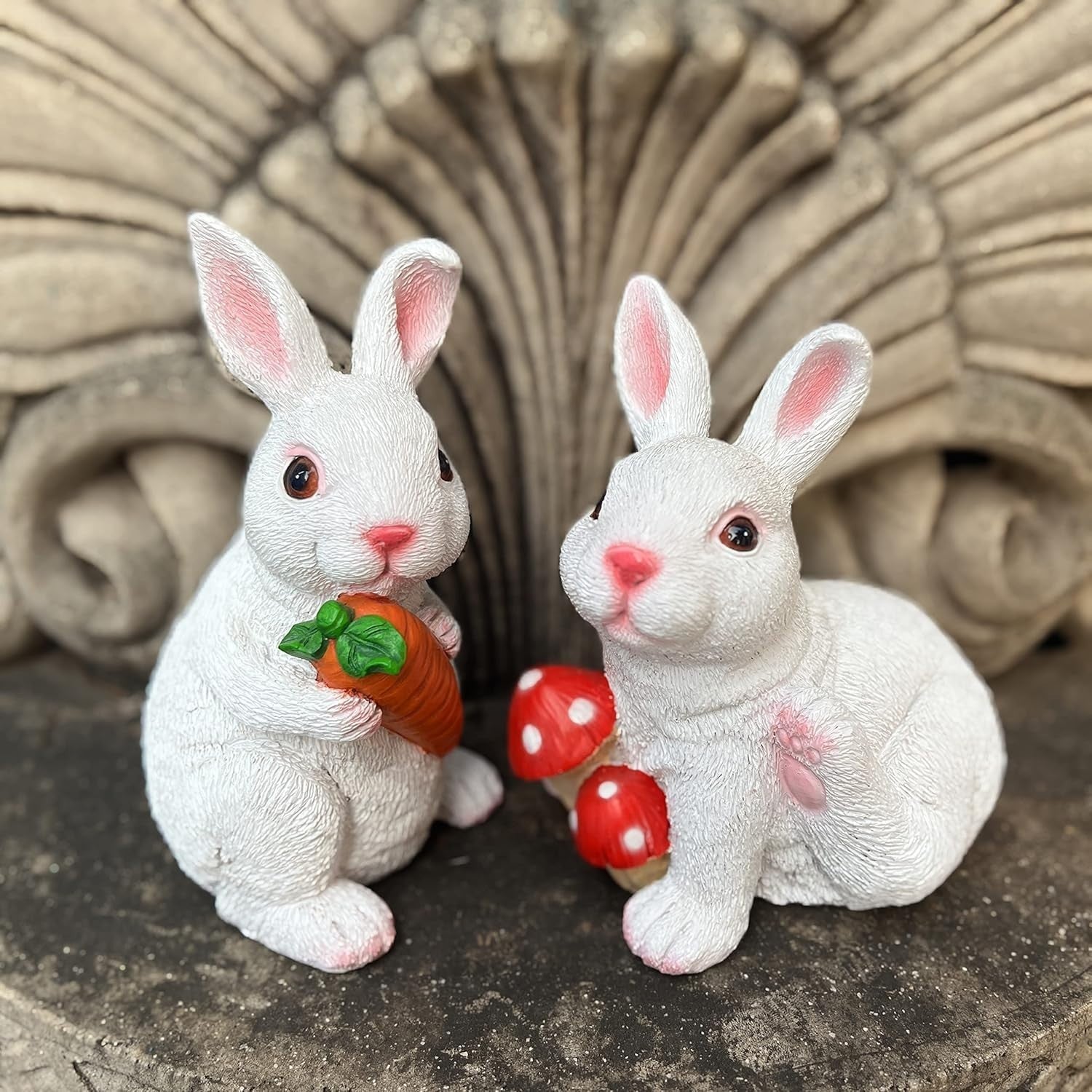 Set of 2 White Rabbit Garden Ornaments • Resin Outdoor Figurines