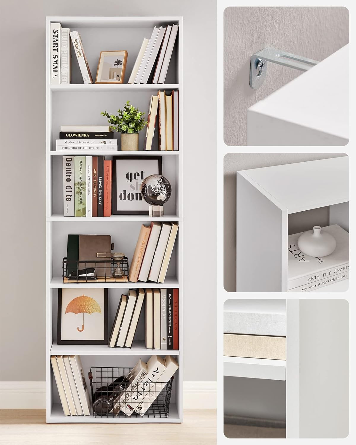 6-Tier White Bookcase 60cm Wide Tall Adjustable Shelving Unit Modern Storage