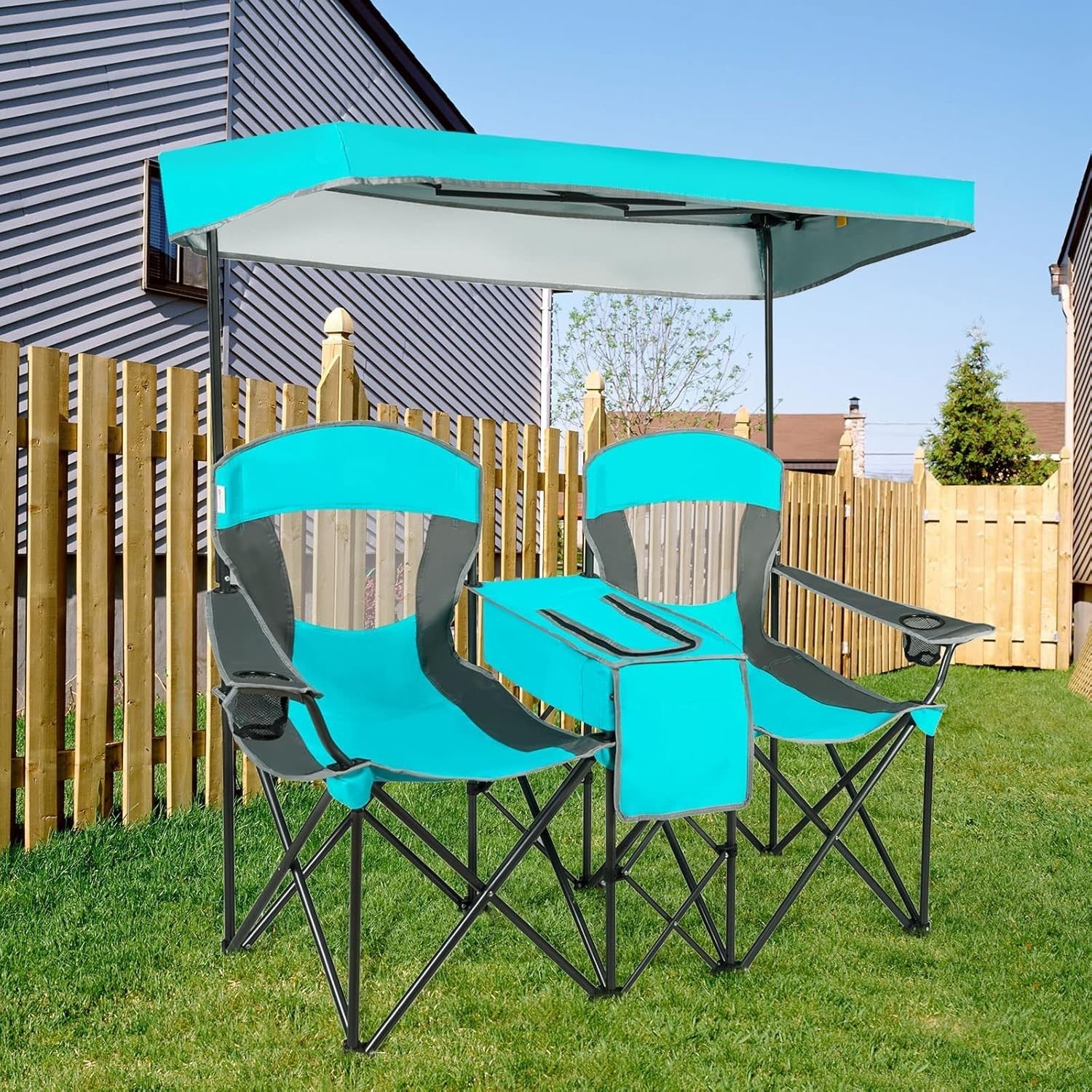 2 Seat Folding Camping Chair w/ Canopy & Cooler – Beach Picnic Outdoor