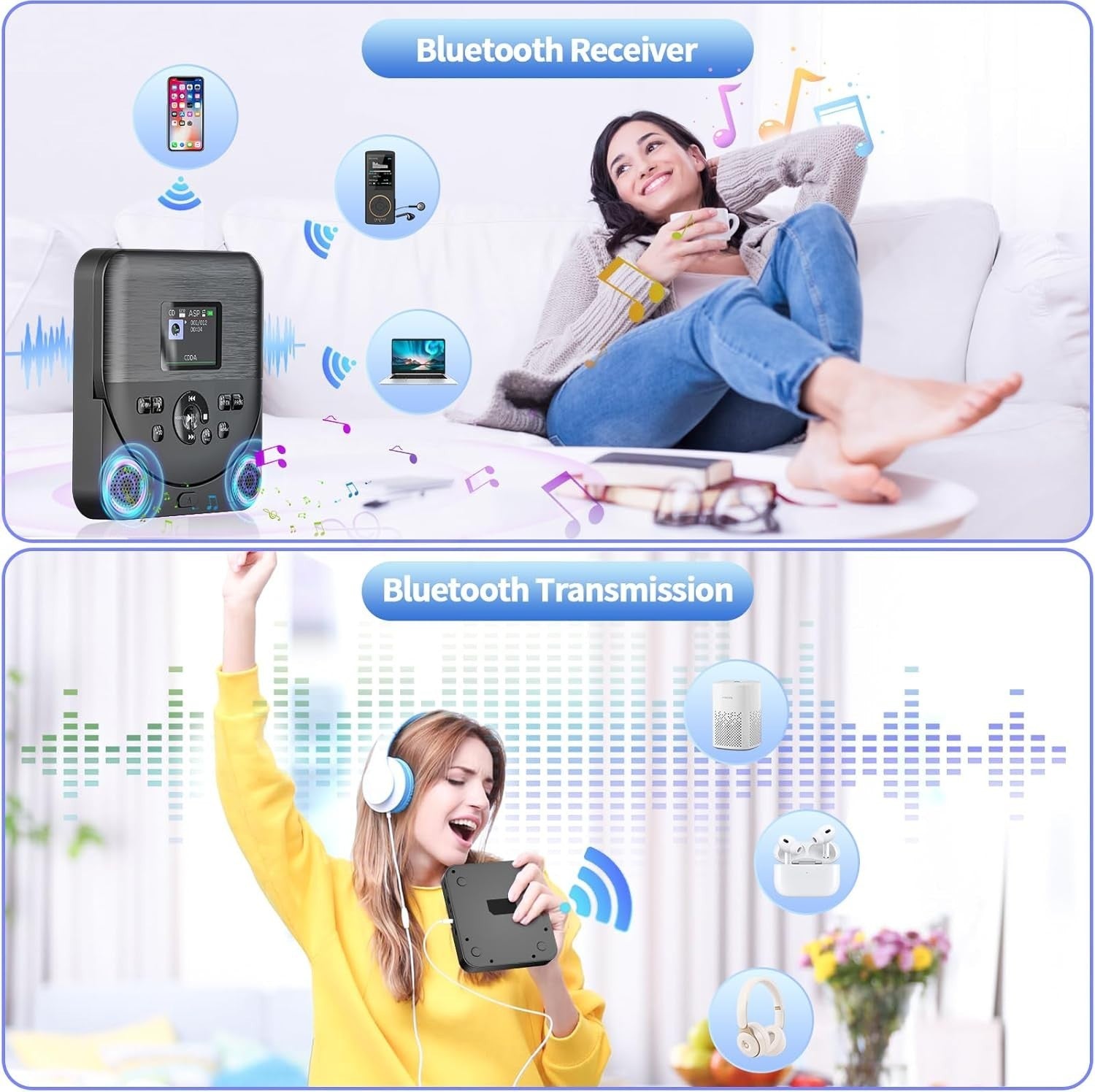 Portable Bluetooth CD Player FM Transmitter TF AUX Rechargeable Black