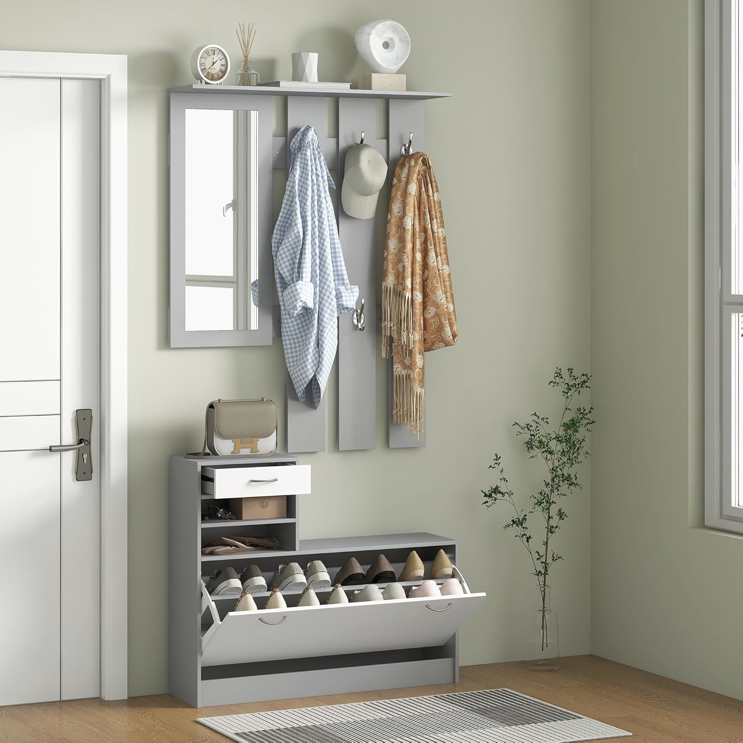 Dark Grey Hallway Furniture Set with Shoe Cabinet, Mirror & 6 Coat Hooks