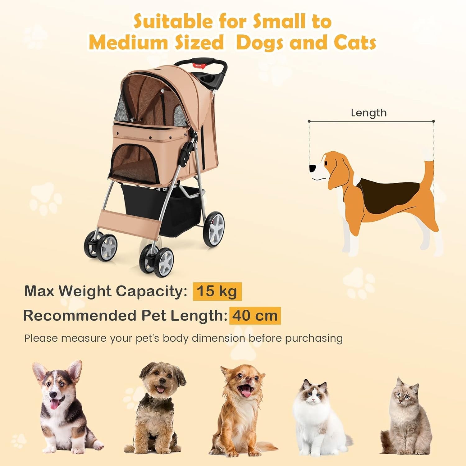 Pet Stroller Foldable Dog Cat Pushchair 4 Wheels Small Medium Pets up 15kg