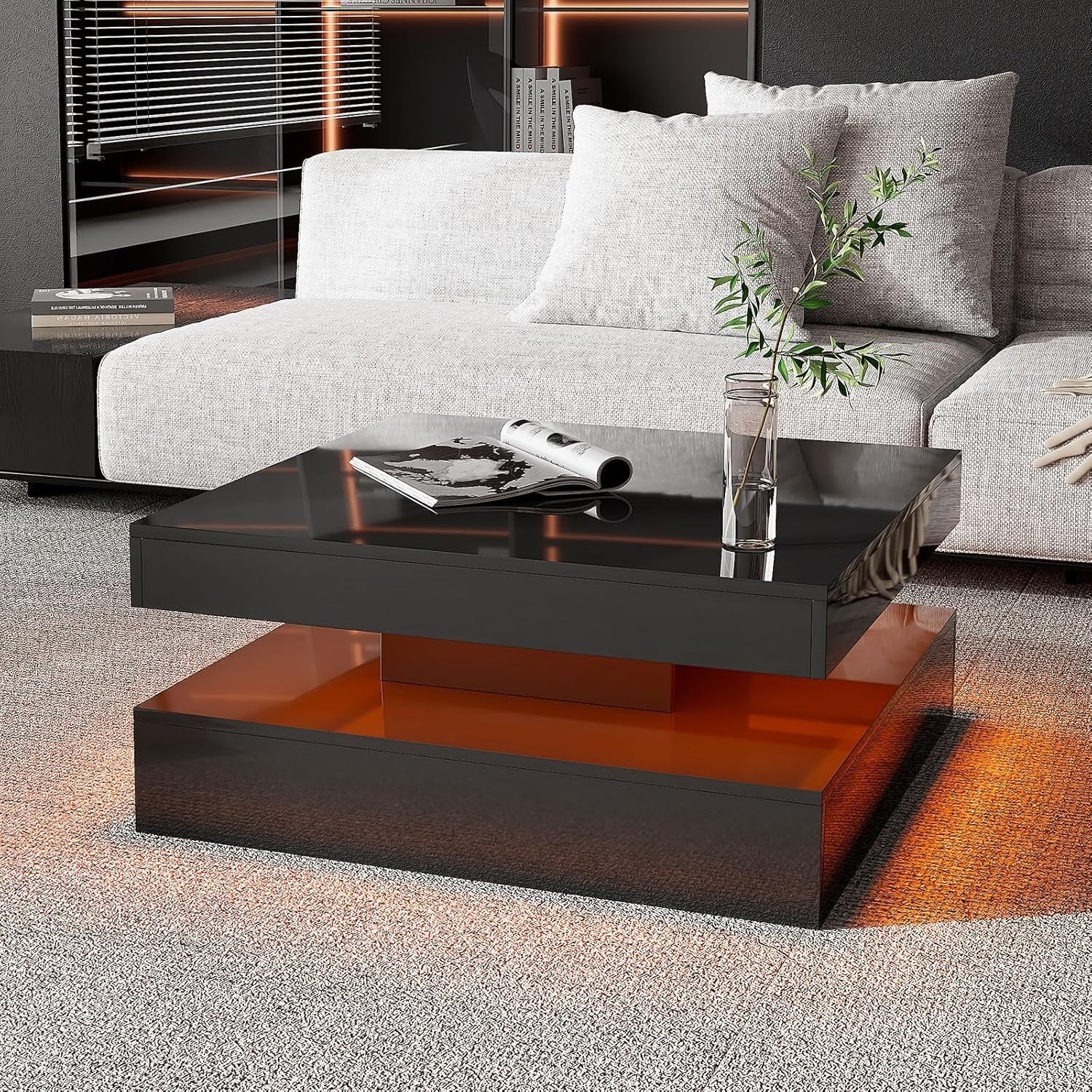 Black Glossy LED Coffee Table with Storage, 2-Tier Square 78x78cm