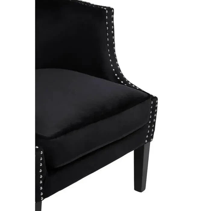 Black Velvet Studded Accent Chair with Foam Seat & Rubberwood Frame