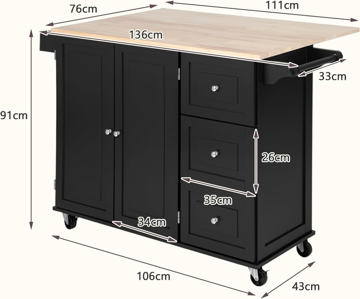 Large Kitchen Island Trolley Extendable Wood Storage Drawers Wheels