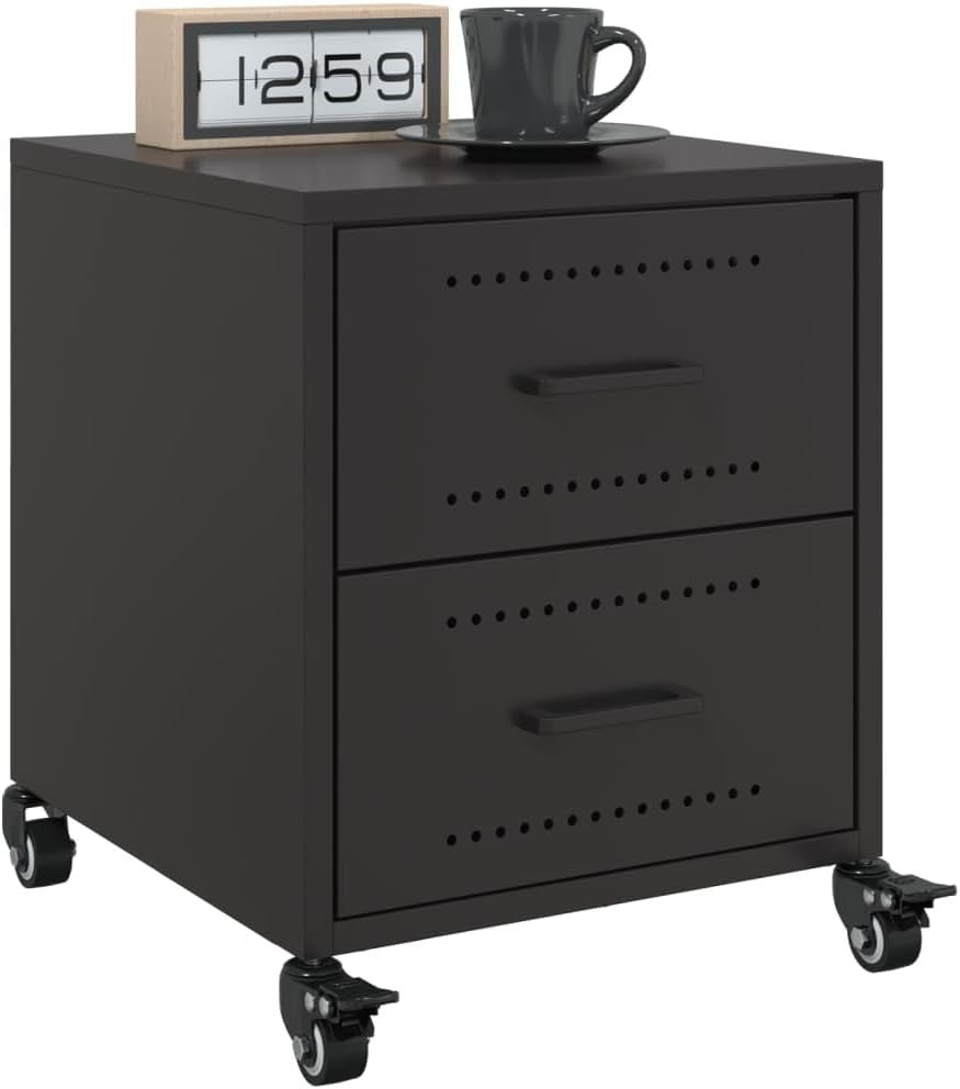 Set of 2 Black Metal Bedside Tables with Wheels | Modern Mobile Nightstands