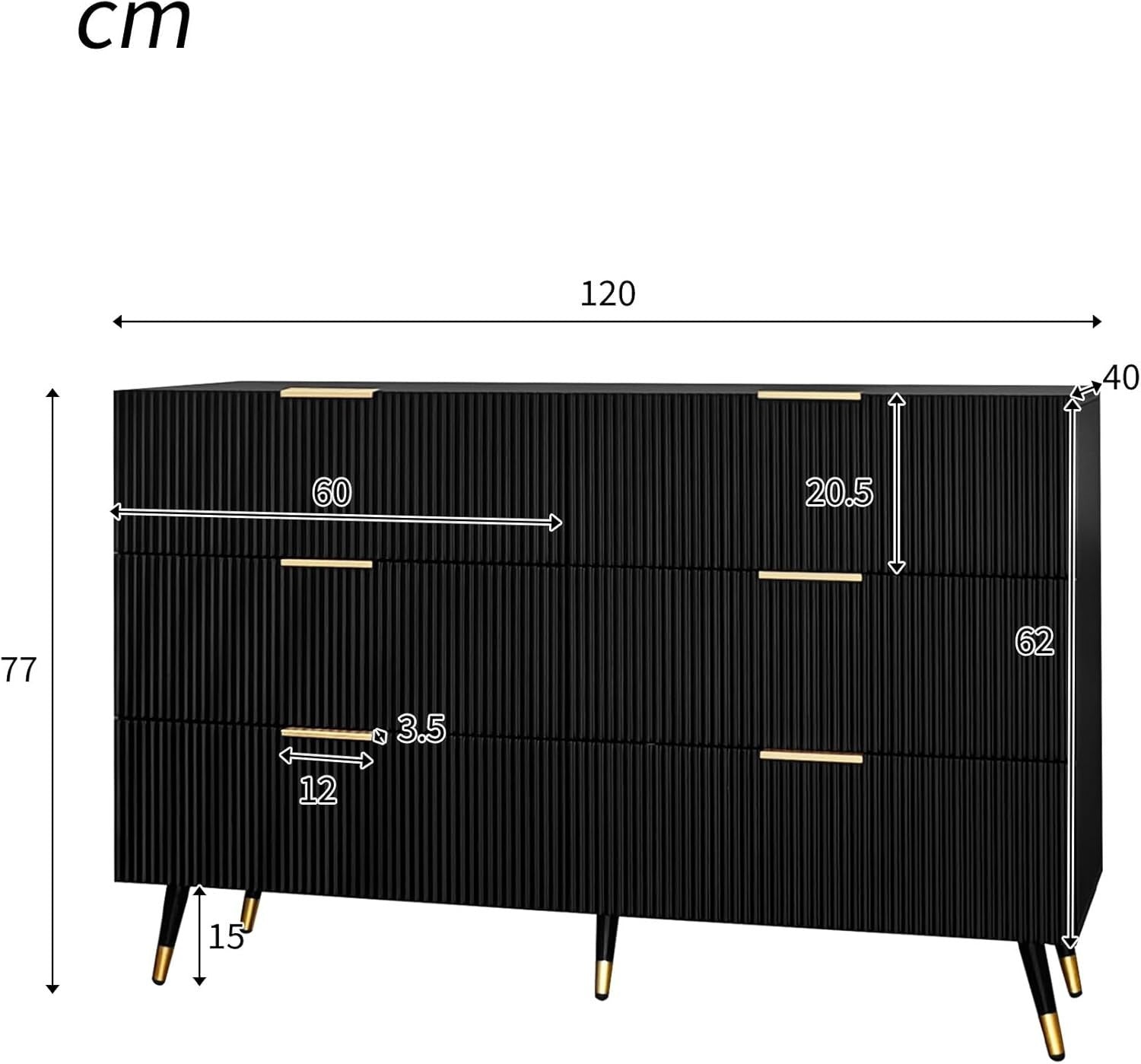 Black Sideboard Cabinet 6 Drawers Storage Unit Gold Handles 120cm