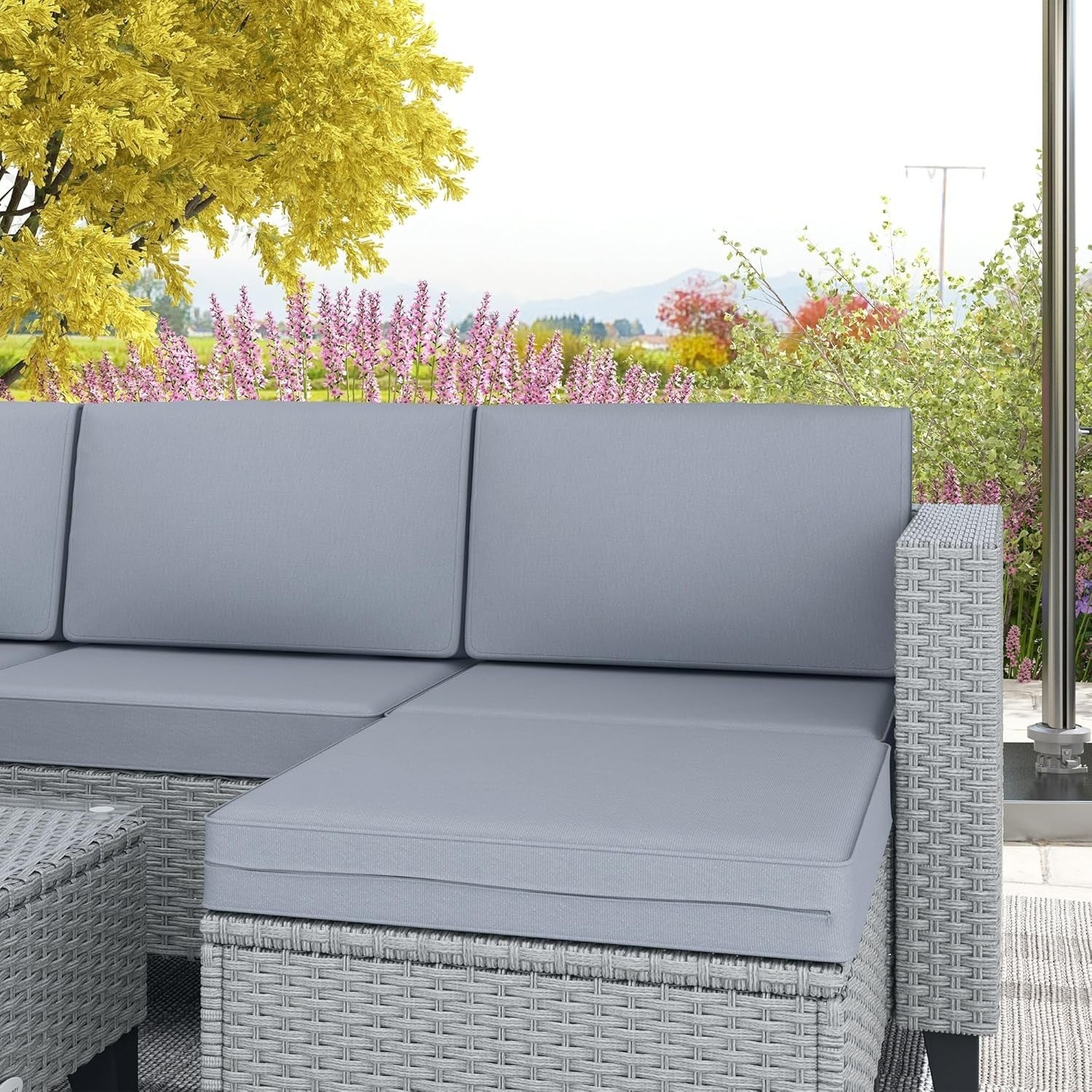 5-Piece Grey Rattan Garden Sofa Set with Cushions & Glass Coffee Table