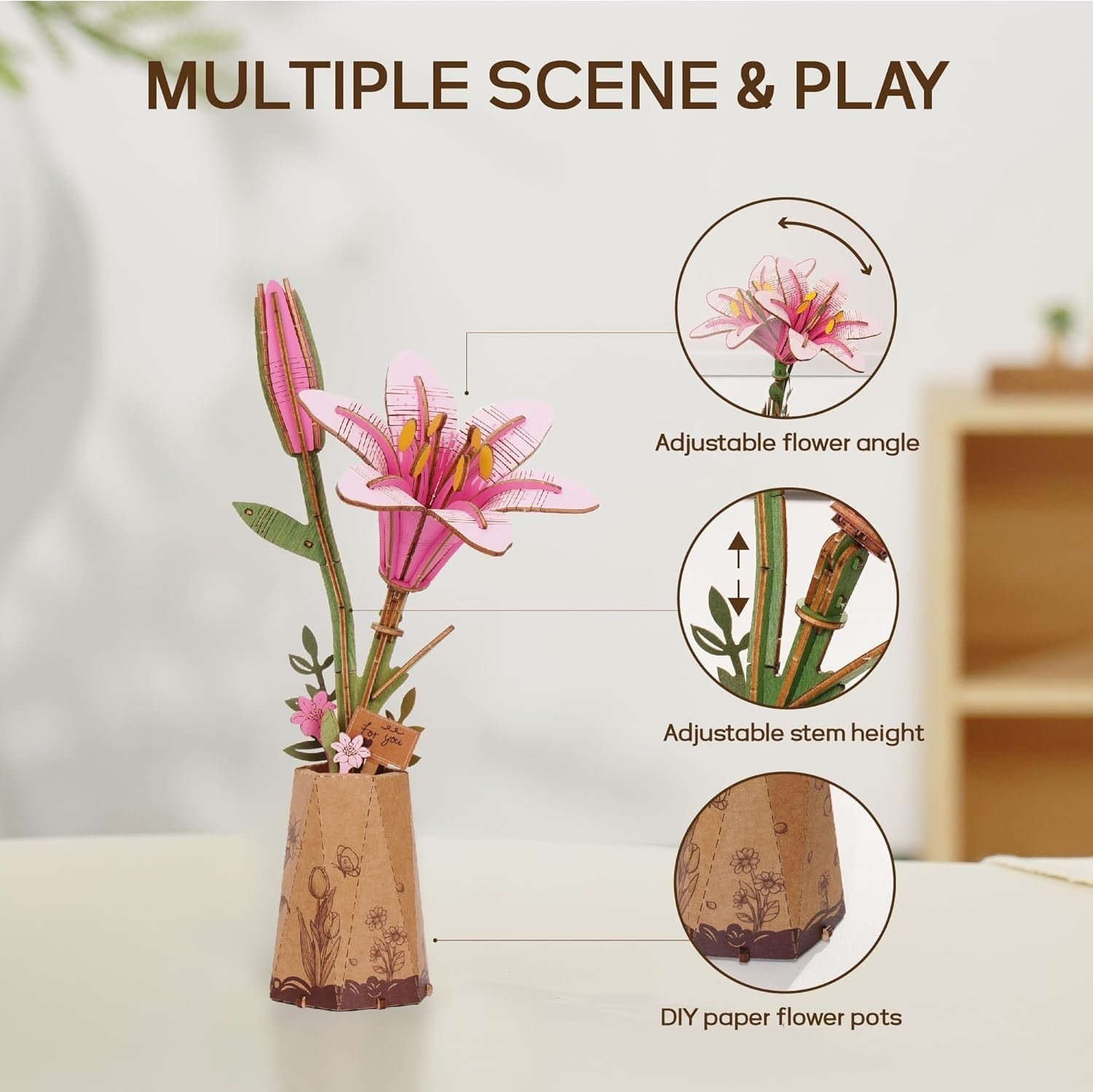 3D Wooden Flower Puzzle Pink Lily - DIY Craft Kit, Perfect Gift & Decor