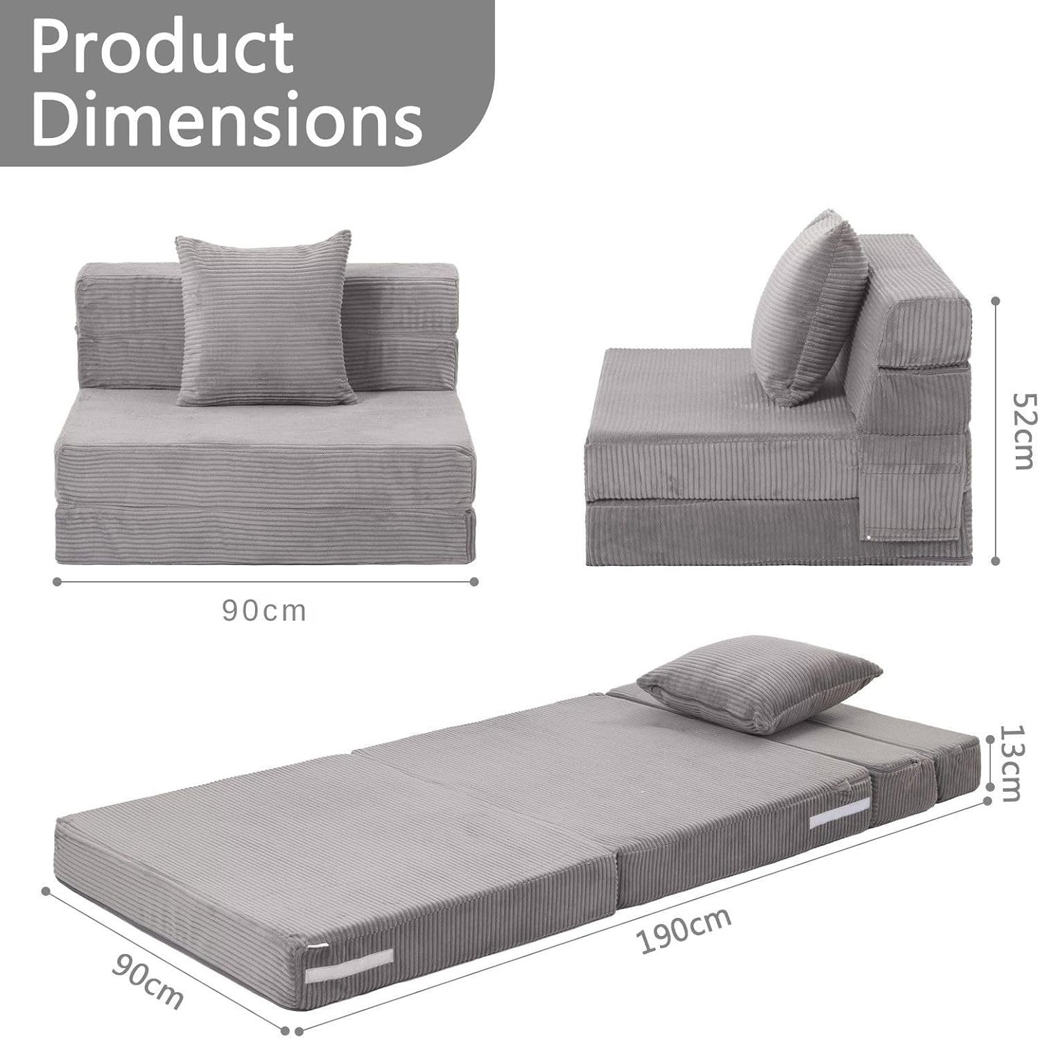 Folding Sofa Bed Chair Z Single 190x90cm Guest Mattress Lounger Grey