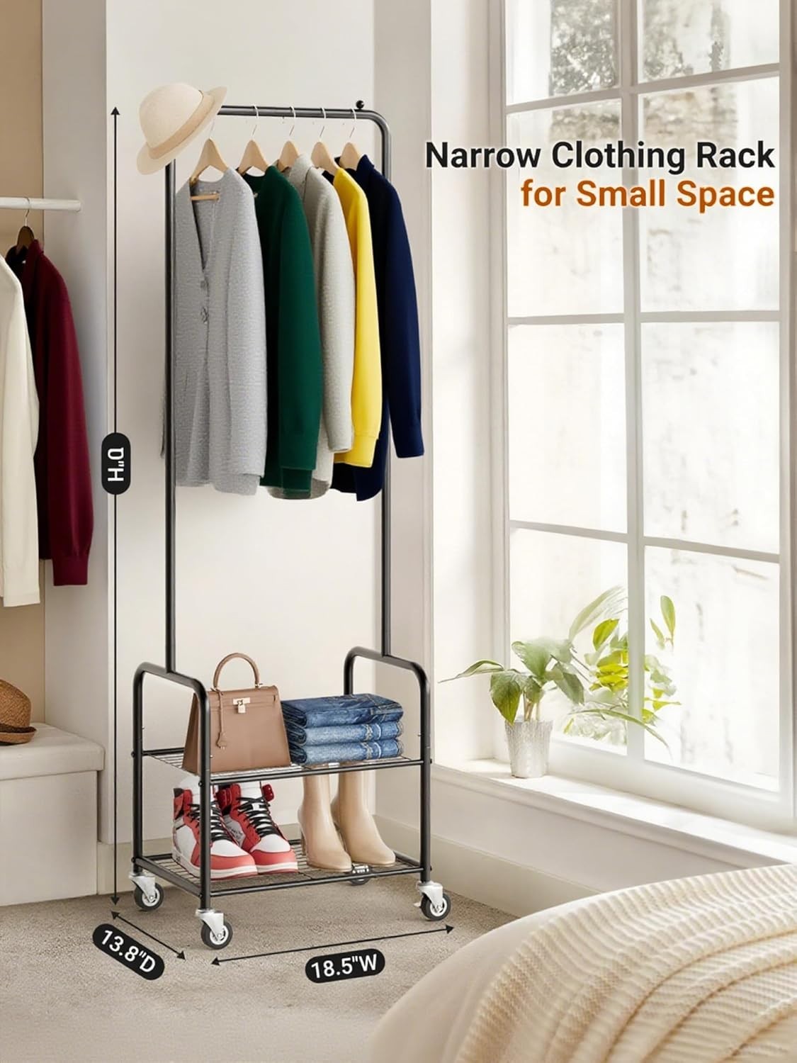 Small Clothes Rail with Shelves & Wheels – Black 178cm