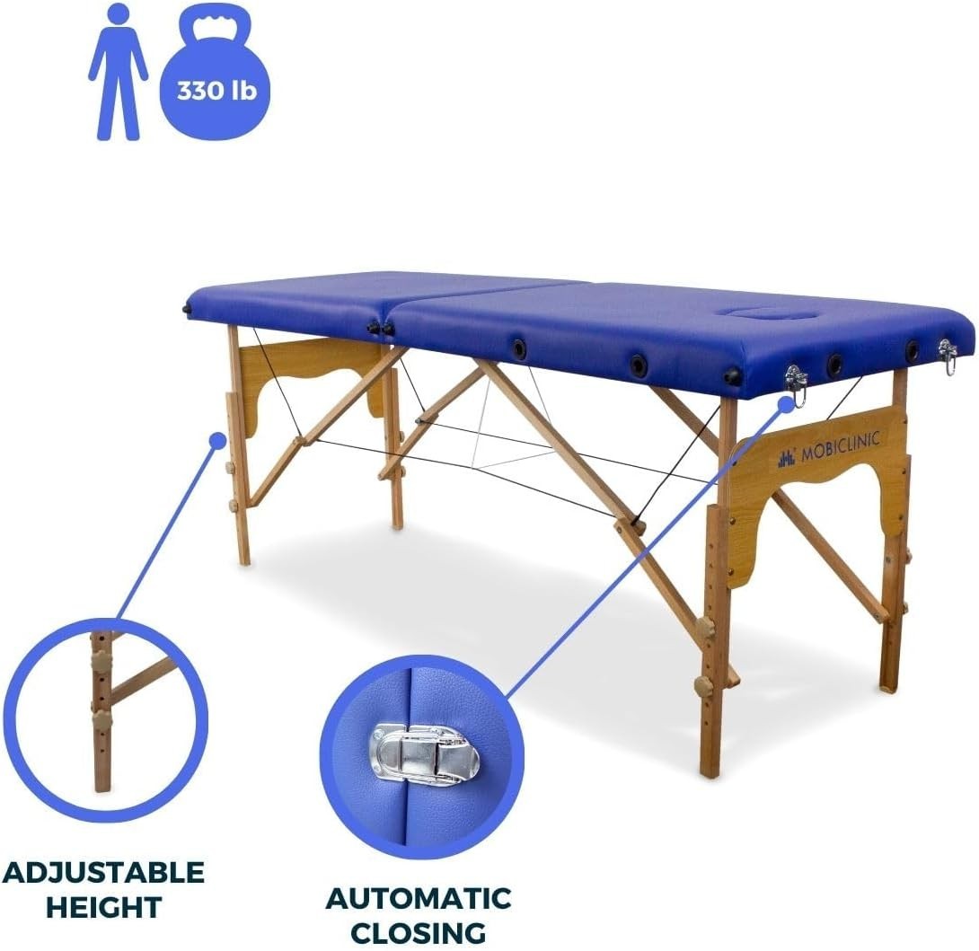 Portable Wooden Massage Table 2-Section Adjustable Therapy Bed Blue