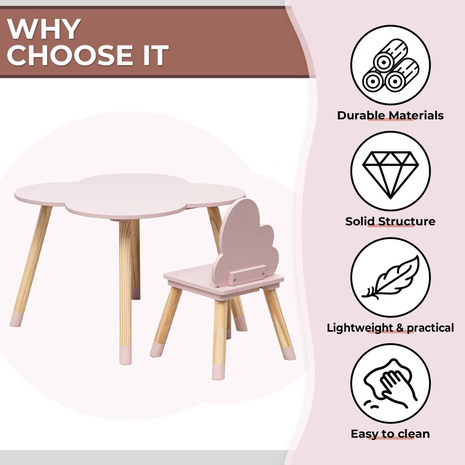 Kids Table & 2 Chairs Set Pink & Brown, Safe Rounded Edges, MDF Pine