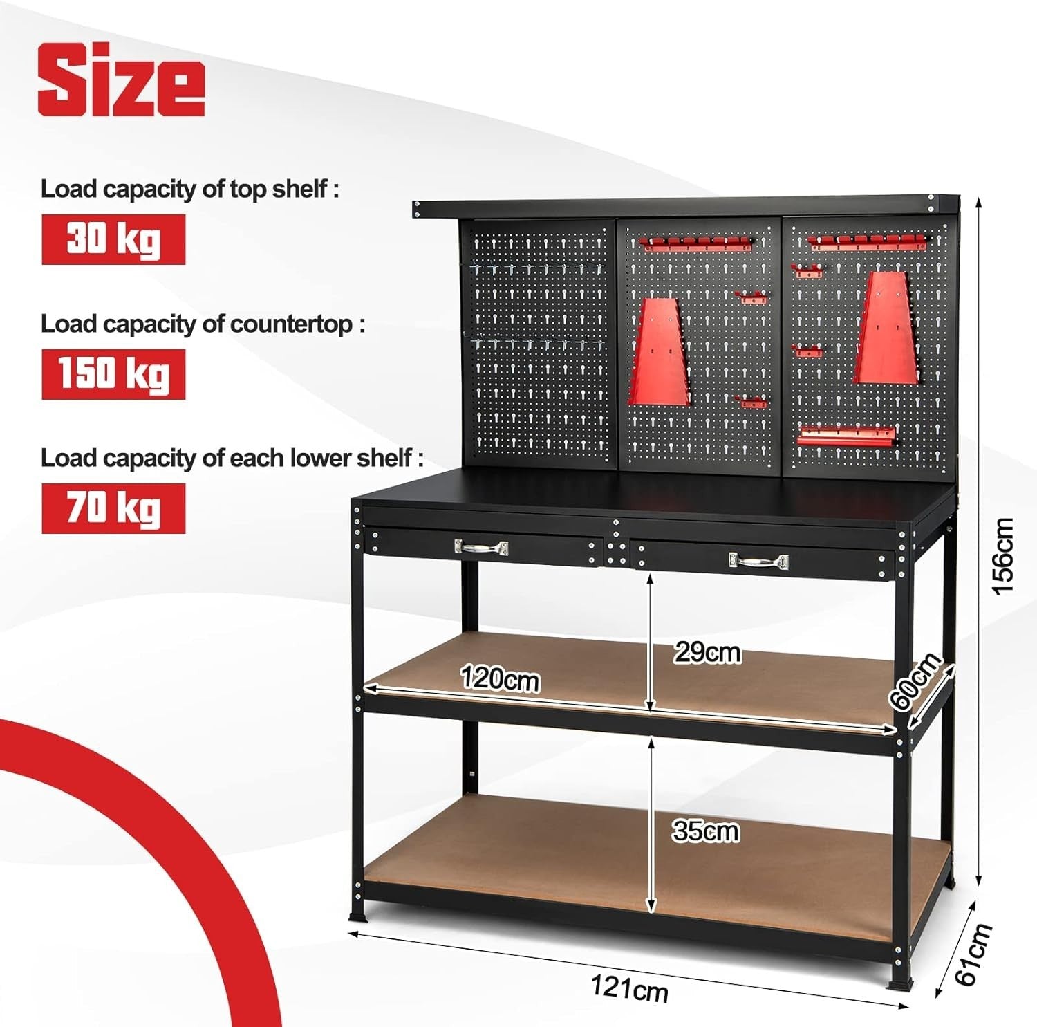 Heavy Duty Workbench 121x61x156cm Black+Red Pegboard 2 Drawers Shelves