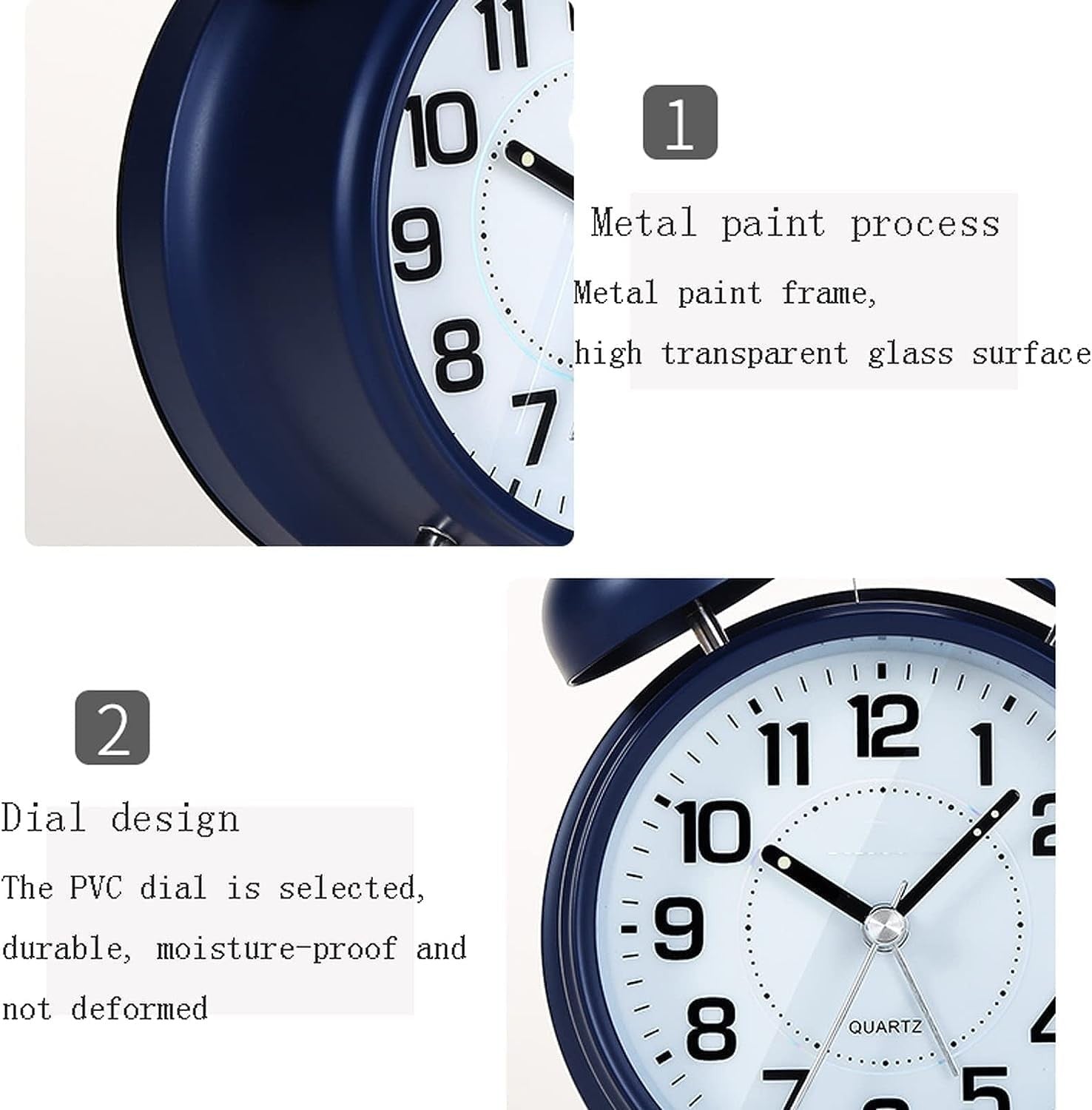 Vintage Twin Bell Alarm Clock Loud Silent Non-Ticking Blue Bedside
