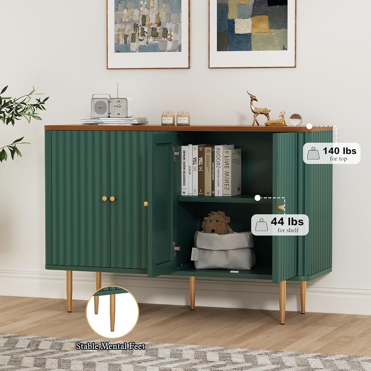 Modern 4-Door Sideboard Buffet Cabinet with Removable Shelves & Gold Legs