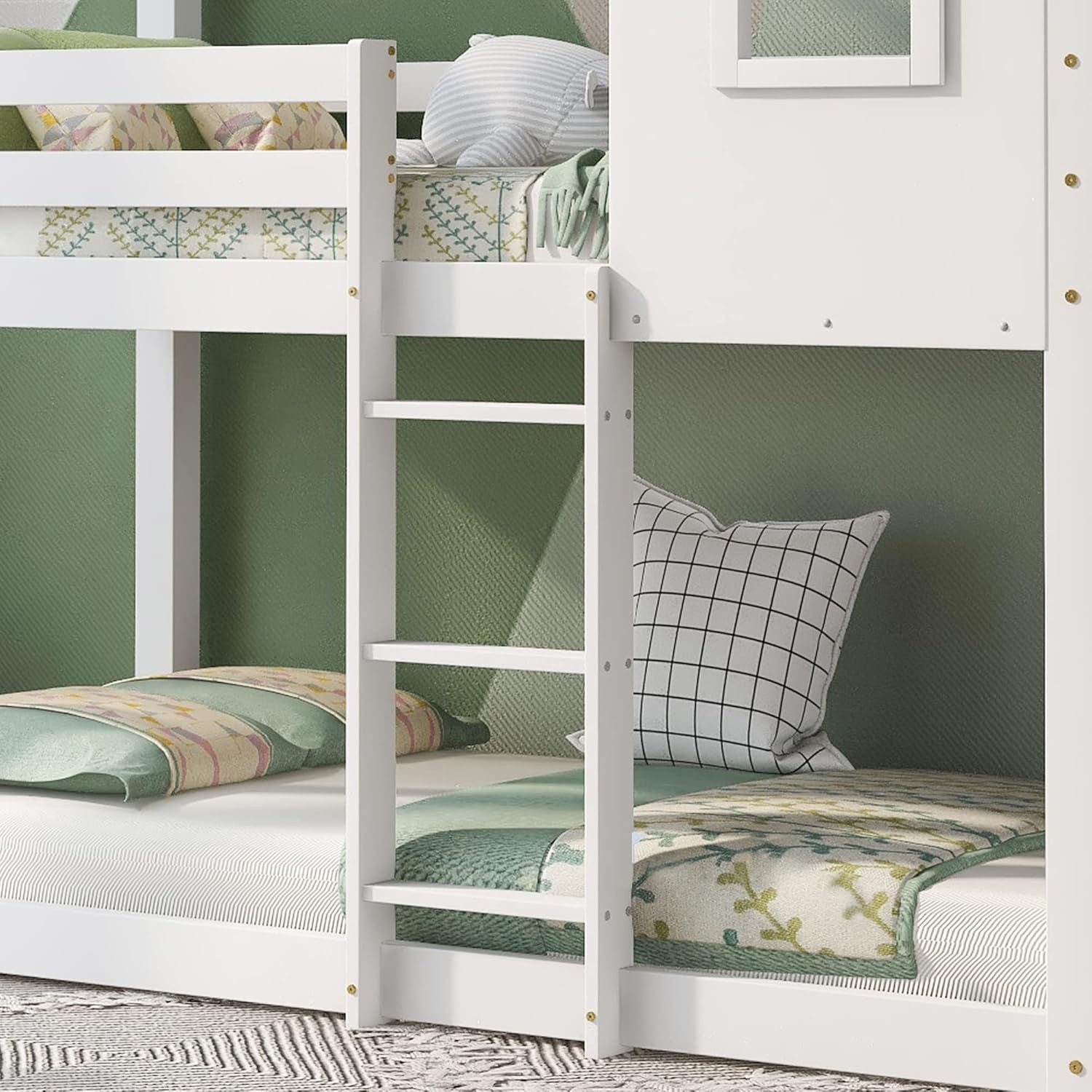 3FT Kids Cabin Bunk Bed with Safety Rails & Convertible Ladder, 198x94x221cm