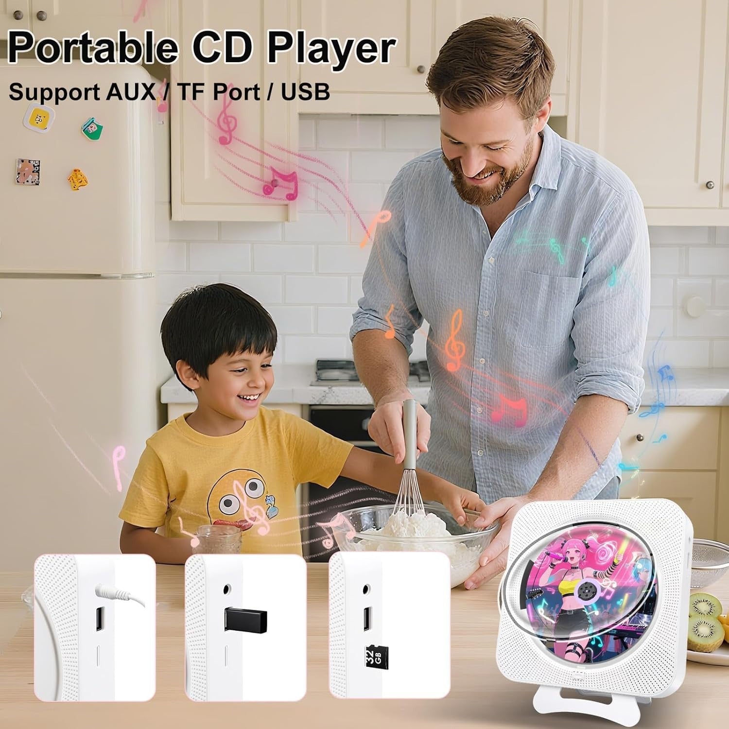 Bluetooth CD Player Boombox Wall Mount FM Radio USB AUX Remote White