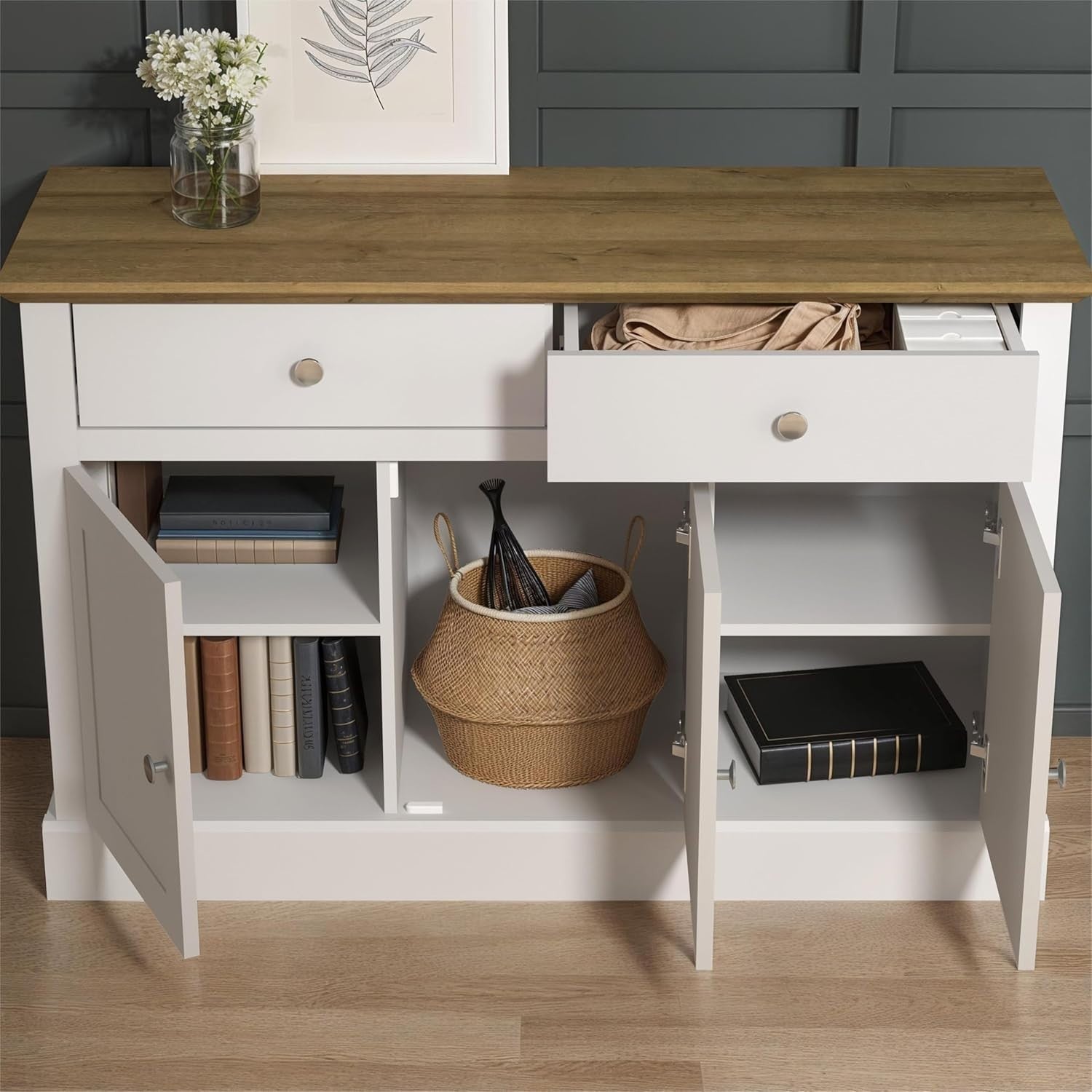 White oak Sideboard Cabinet with Drawers & Doors, Oak Top, Storage Unit