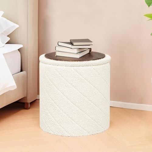 White Round Storage Ottoman Footstool 3-in-1 Seat with Lid 43x43x45cm