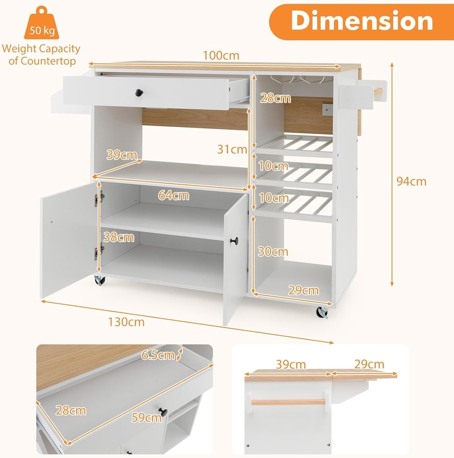 Rolling Kitchen Island Cart with Drop Leaf, Wine Rack & Adjustable Shelves