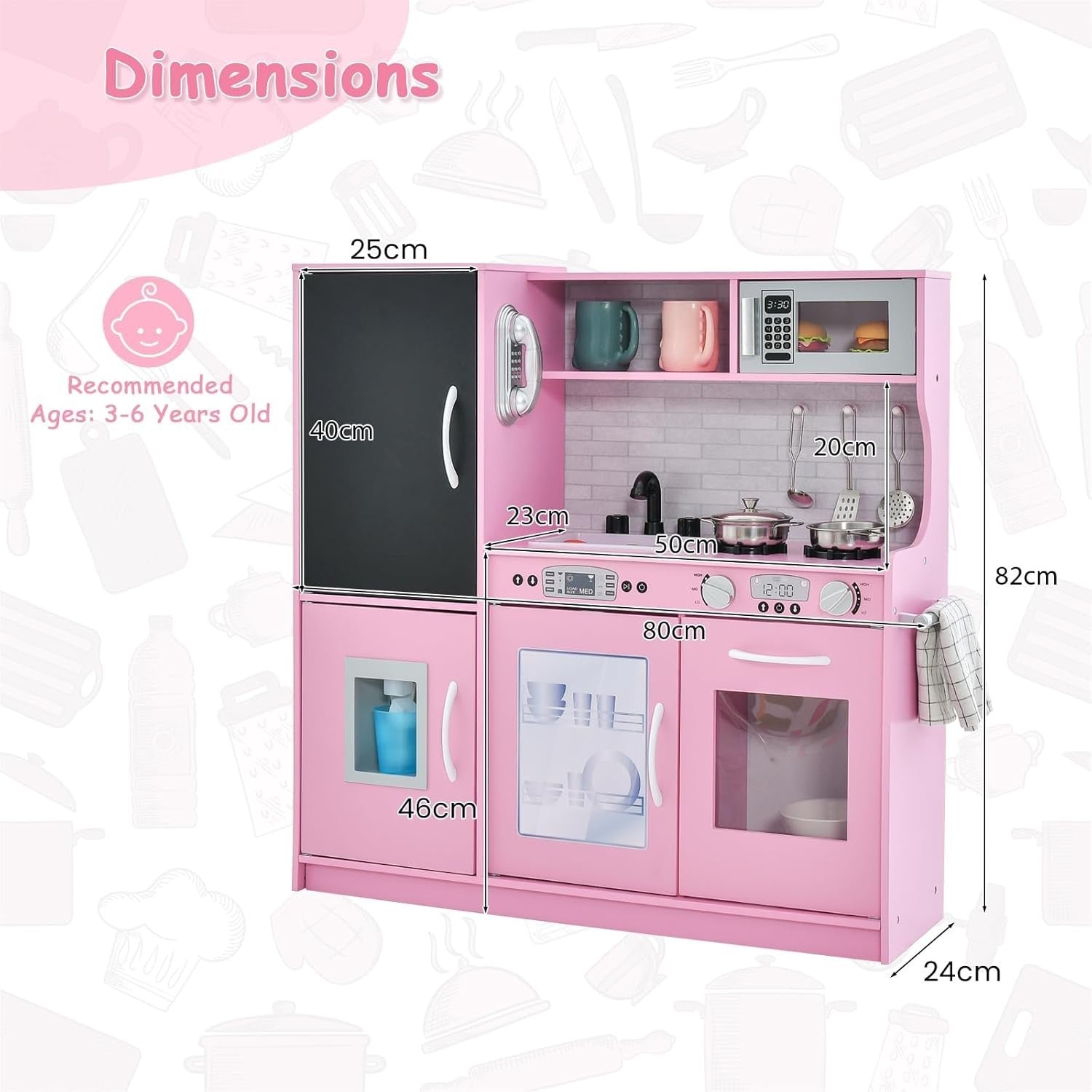 Wooden Kids Play Kitchen Pink w/ Chalkboard Ice Maker Microwave
