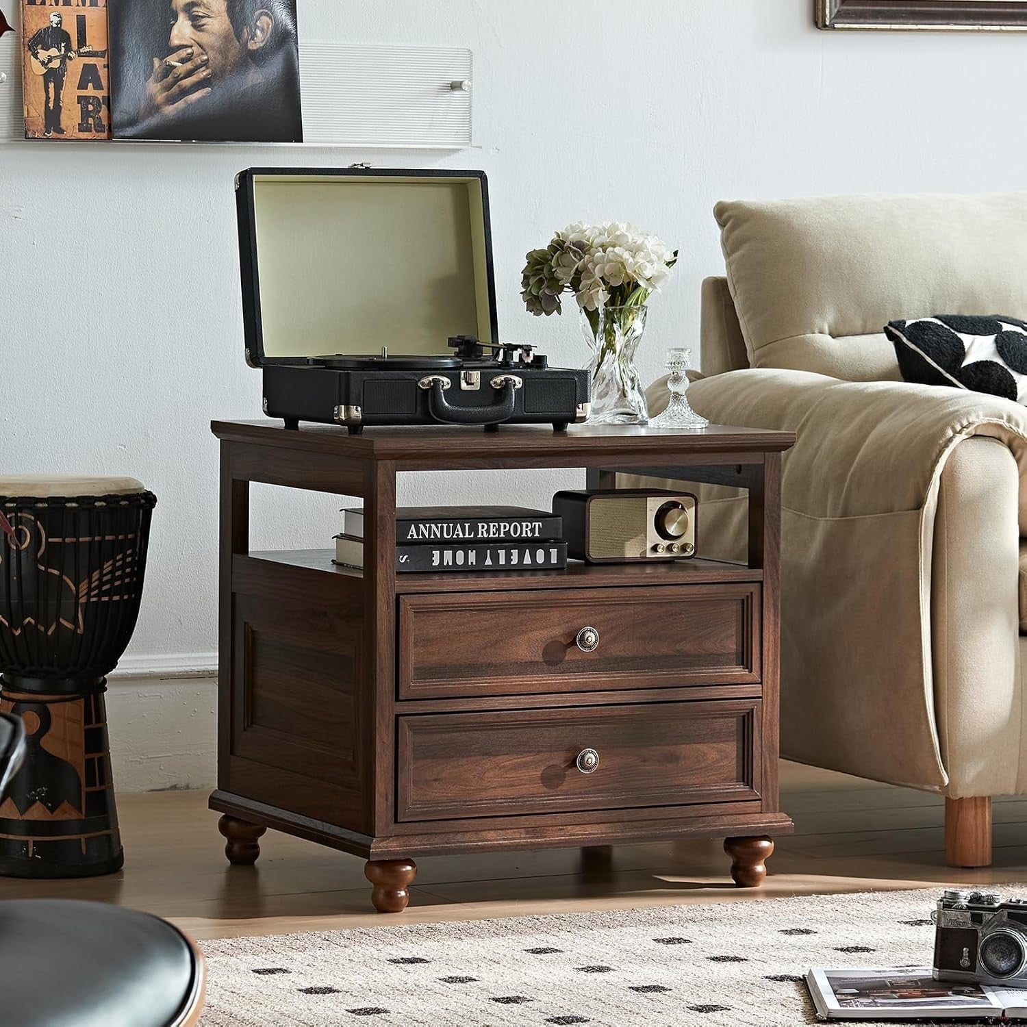 Brown Wooden Bedside Table with Drawers & Shelf